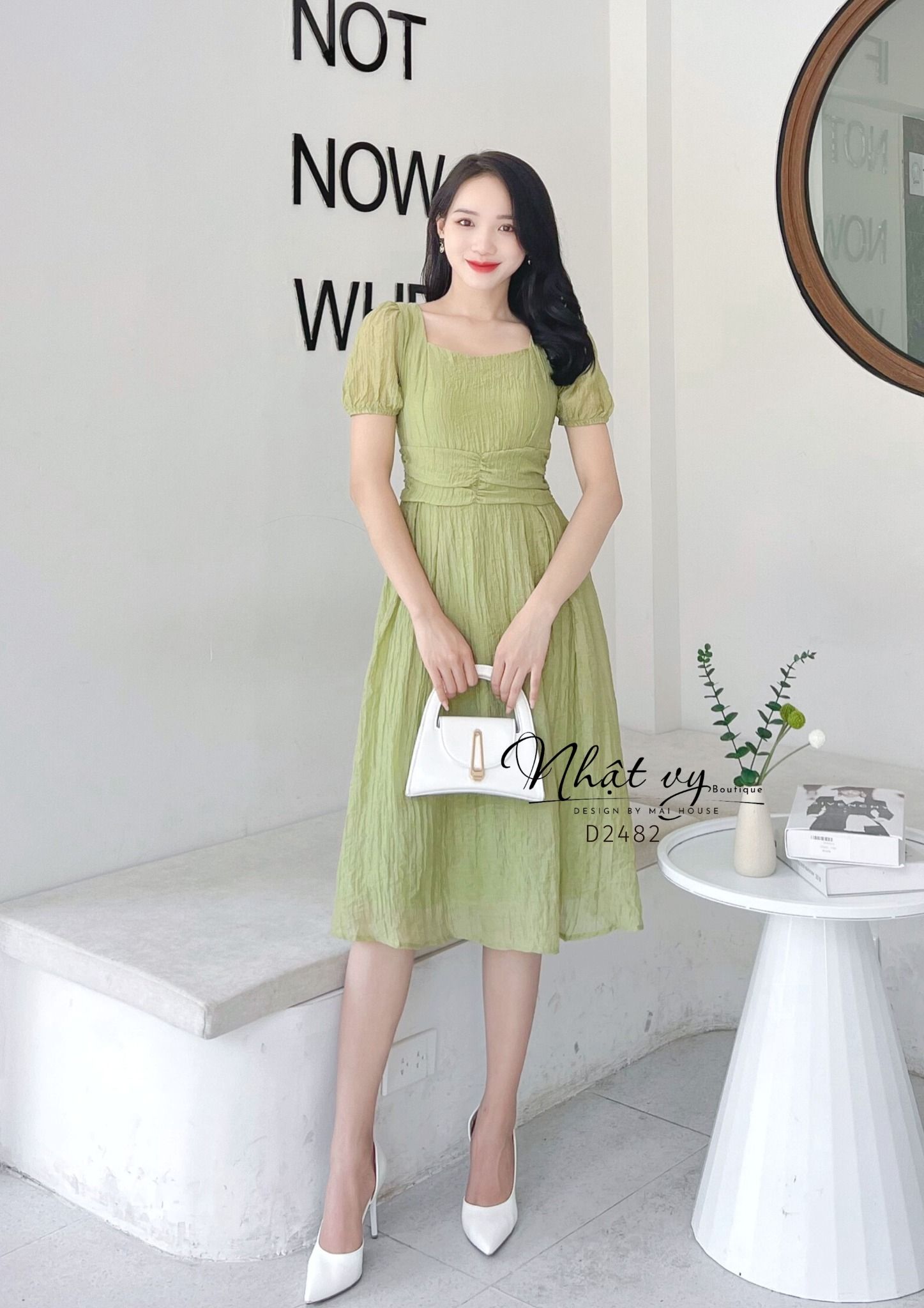 Đầm cổ vuông dây liền xoắn eo thắt nơ sau - D2482