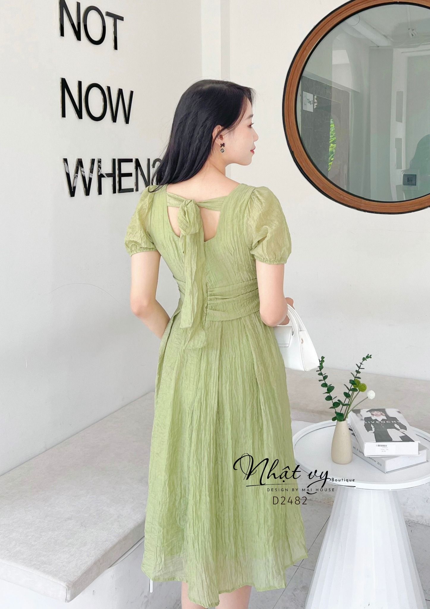 Đầm cổ vuông dây liền xoắn eo thắt nơ sau - D2482