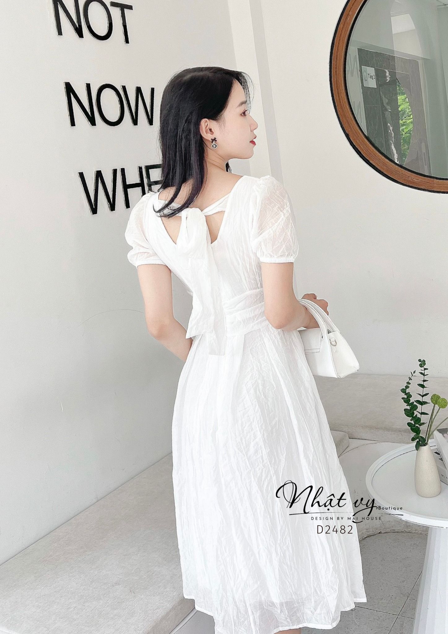 Đầm cổ vuông dây liền xoắn eo thắt nơ sau - D2482