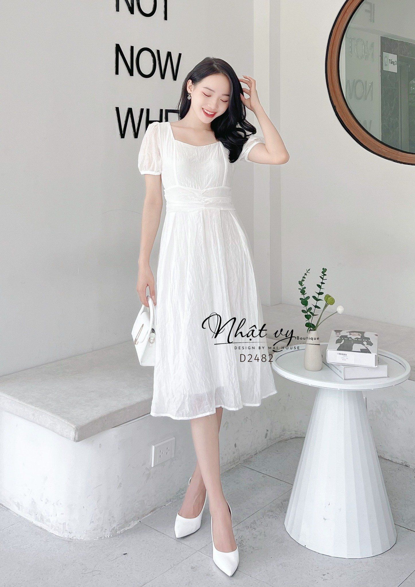 Đầm cổ vuông dây liền xoắn eo thắt nơ sau - D2482