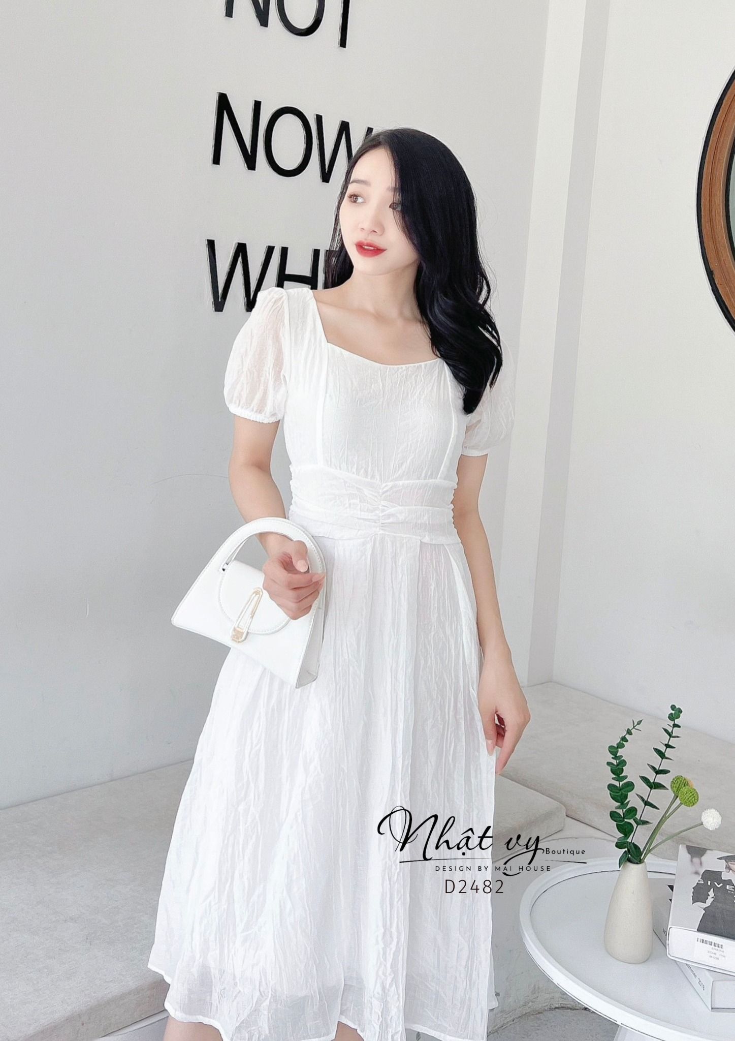 Đầm cổ vuông dây liền xoắn eo thắt nơ sau - D2482