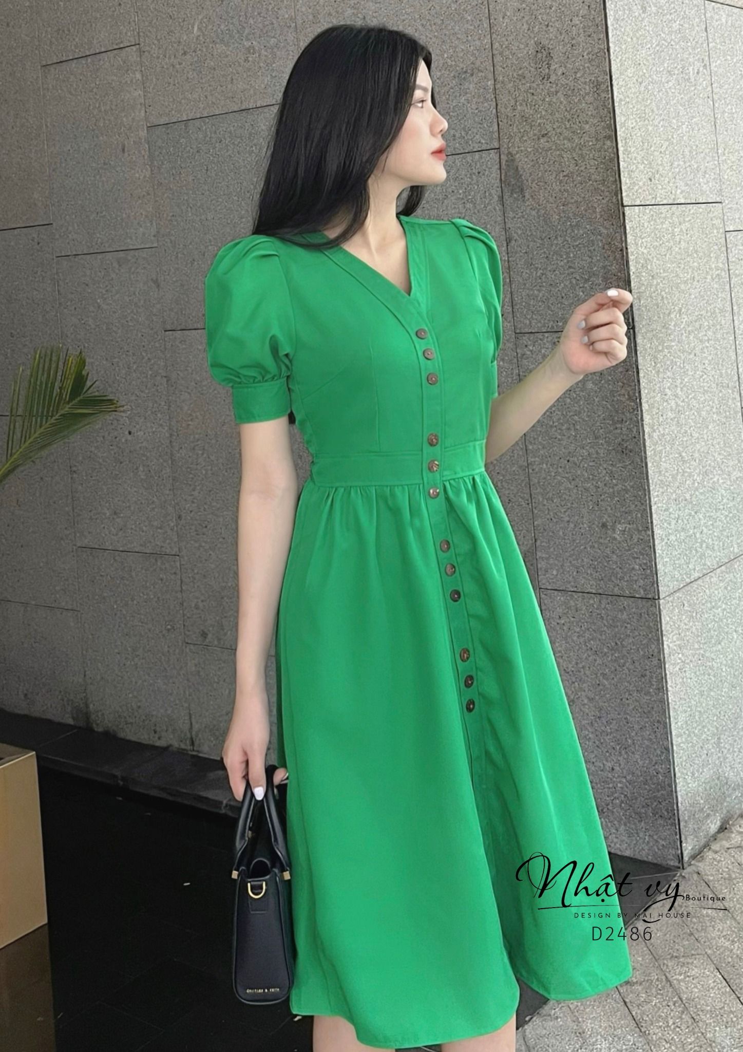Đầm dáng ôm cổ V tay phồng đính cúc giả - D2486