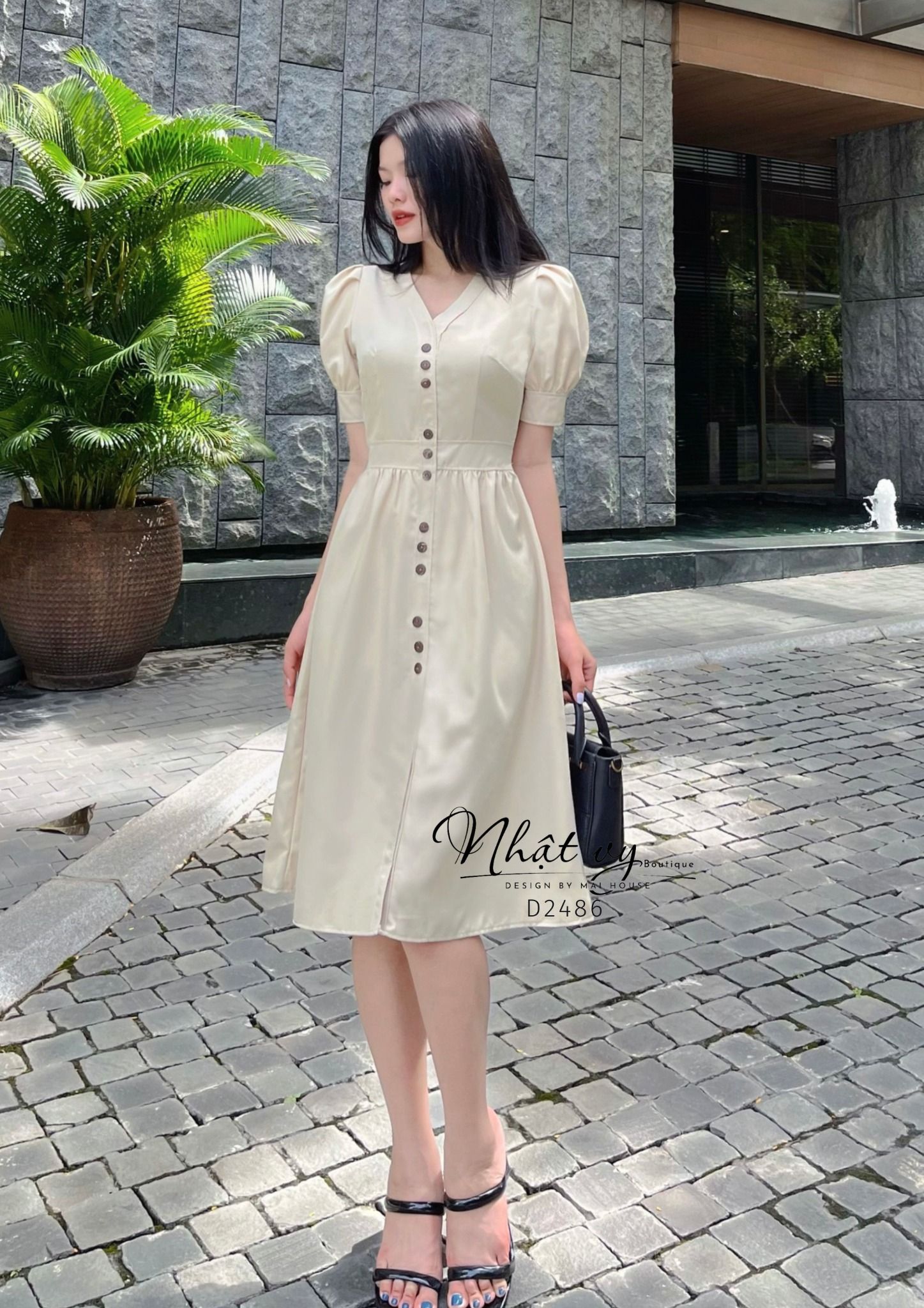 Đầm dáng ôm cổ V tay phồng đính cúc giả - D2486