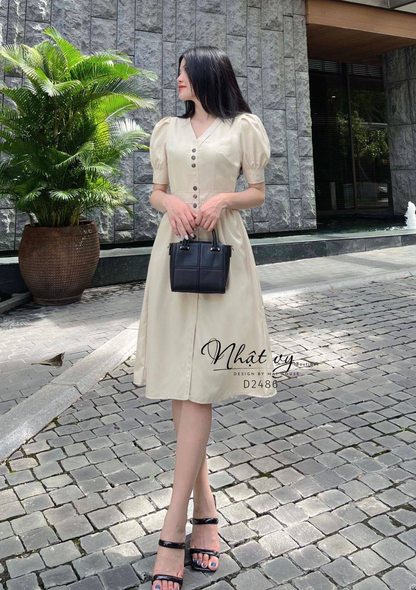 Đầm dáng ôm cổ V tay phồng đính cúc giả - D2486