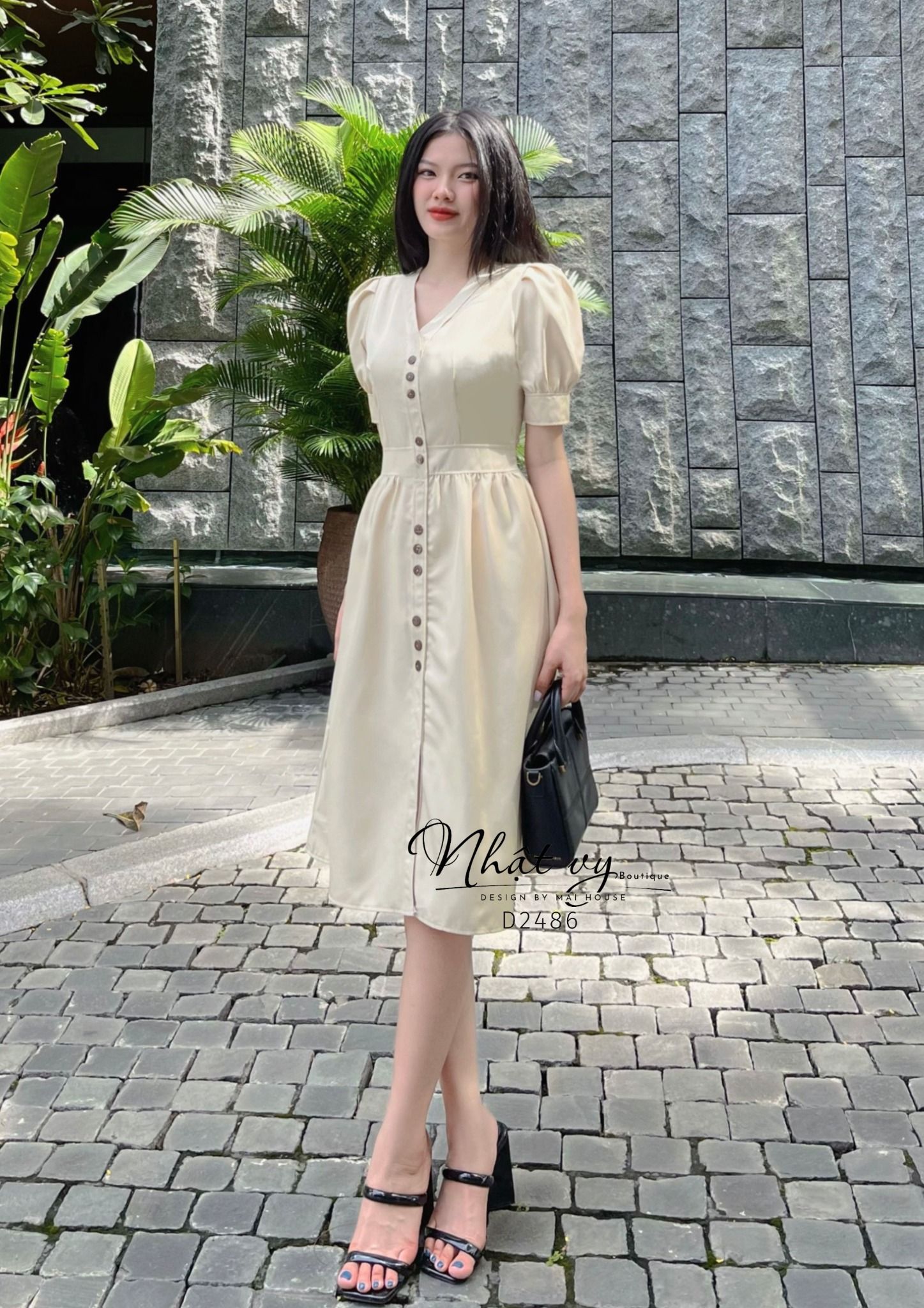 Đầm dáng ôm cổ V tay phồng đính cúc giả - D2486