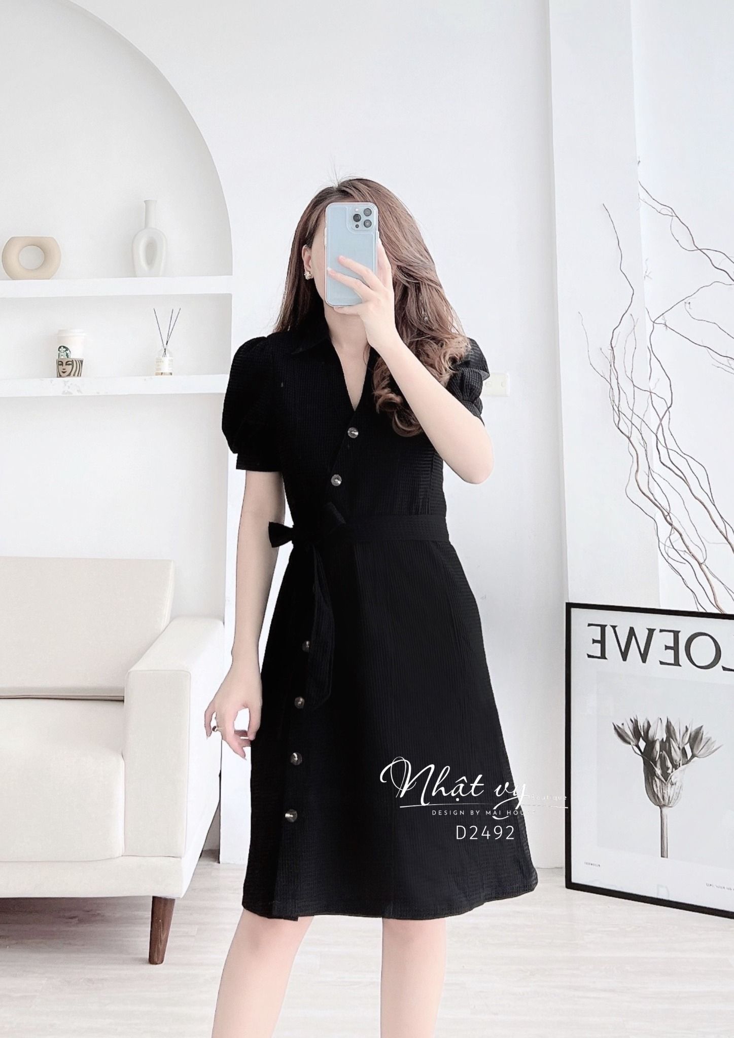 Đầm suông có eo cổ V kiểu sơ mi tay phồng nhẹ - D2492