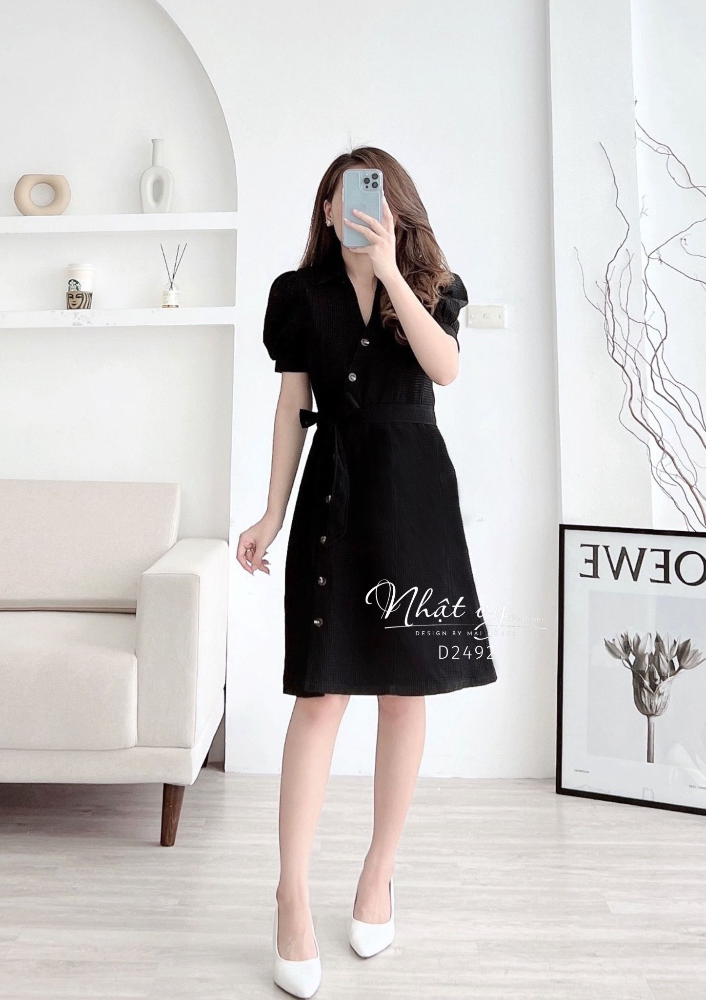 Đầm suông có eo cổ V kiểu sơ mi tay phồng nhẹ - D2492
