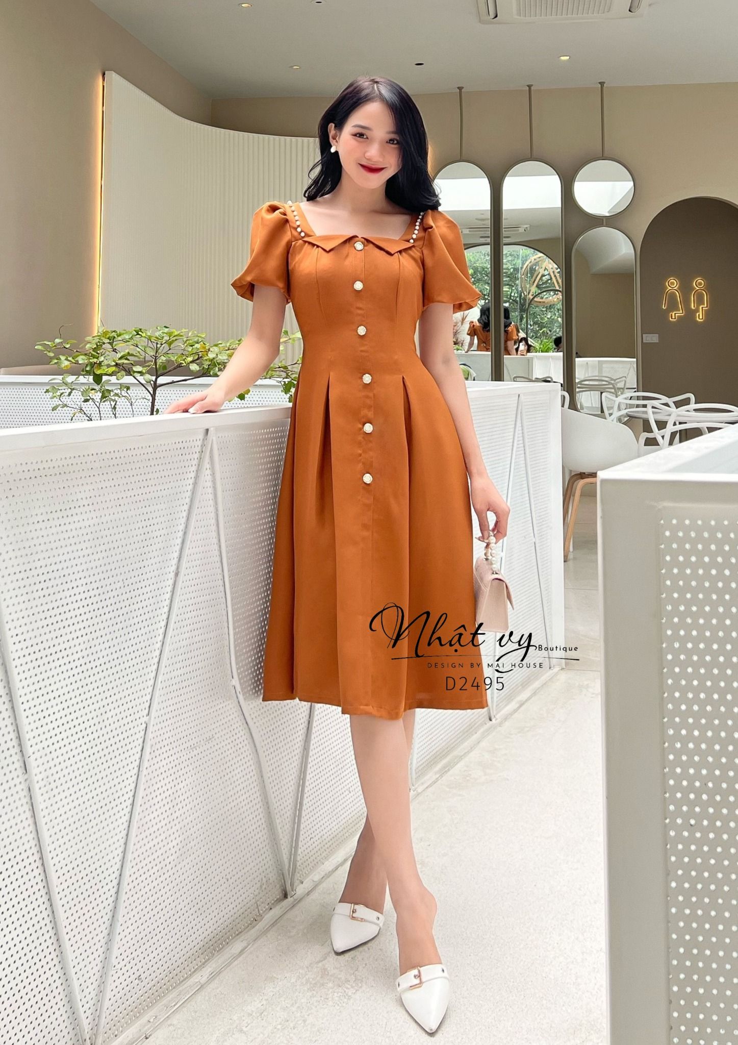 Đầm xoè cổ vuông cách diệu phối bèo đính ngọc - D2495