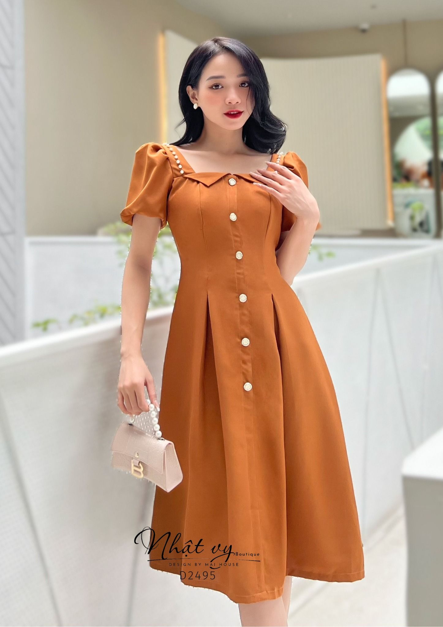 Đầm xoè cổ vuông cách diệu phối bèo đính ngọc - D2495