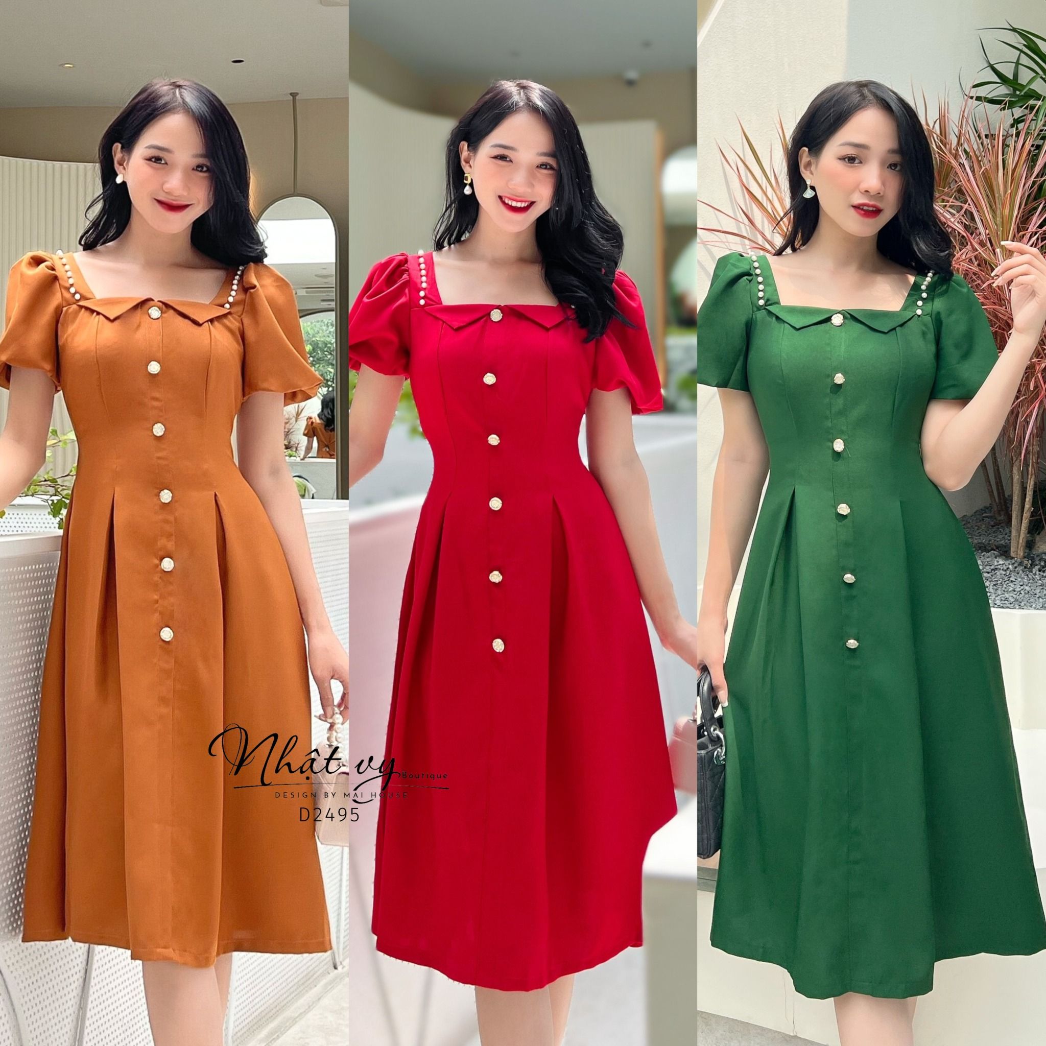 Đầm xoè cổ vuông cách diệu phối bèo đính ngọc - D2495