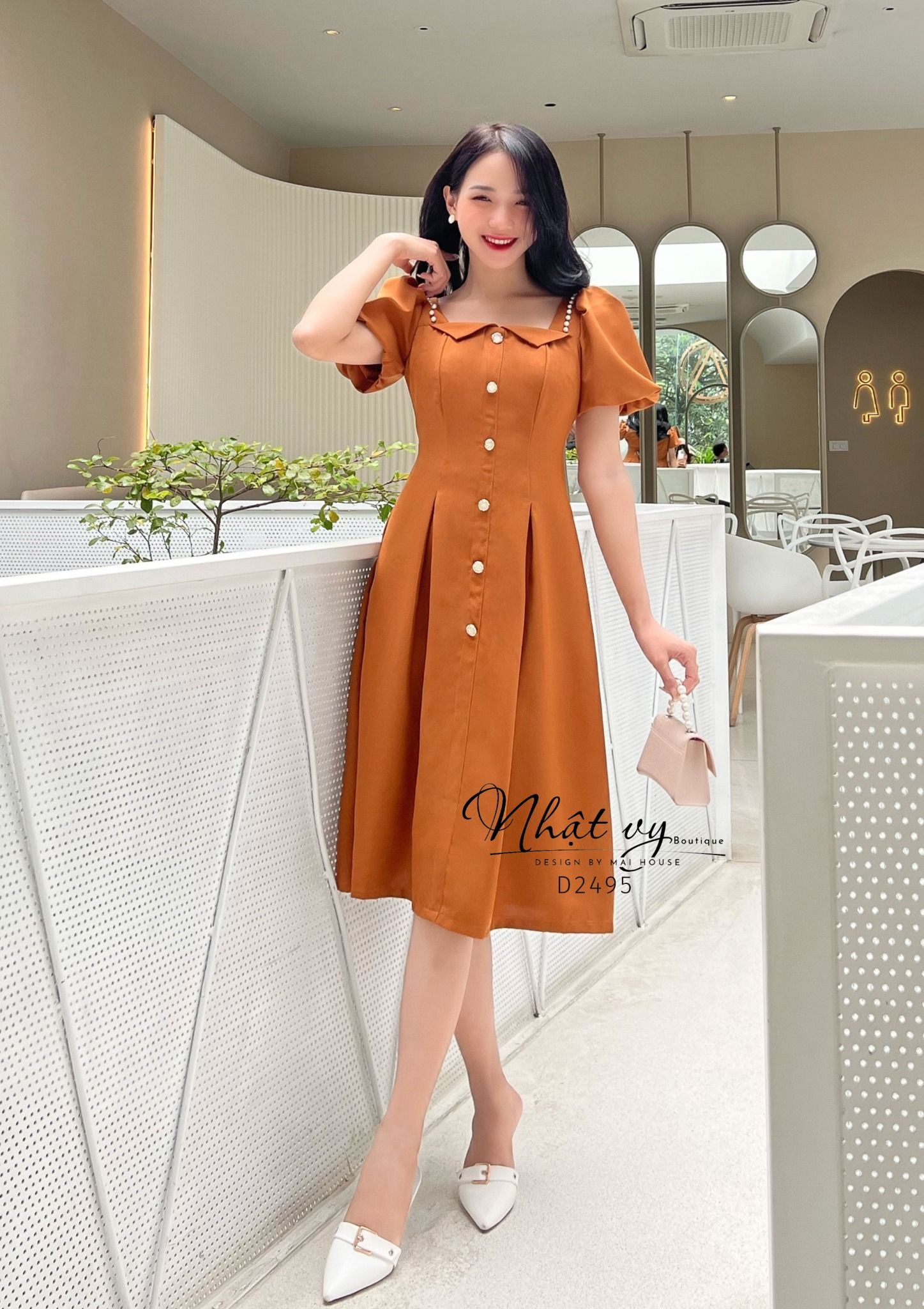 Đầm xoè cổ vuông cách diệu phối bèo đính ngọc - D2495
