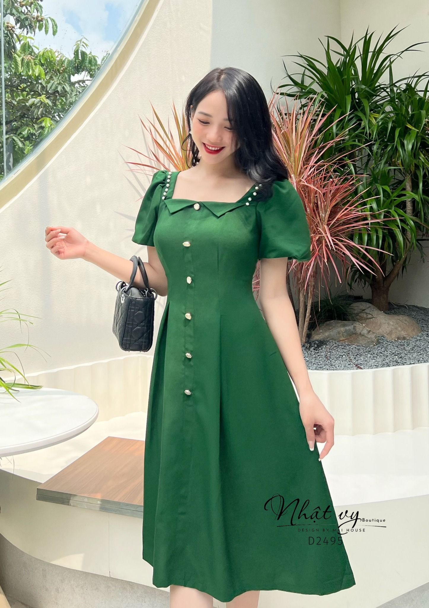 Đầm xoè cổ vuông cách diệu phối bèo đính ngọc - D2495