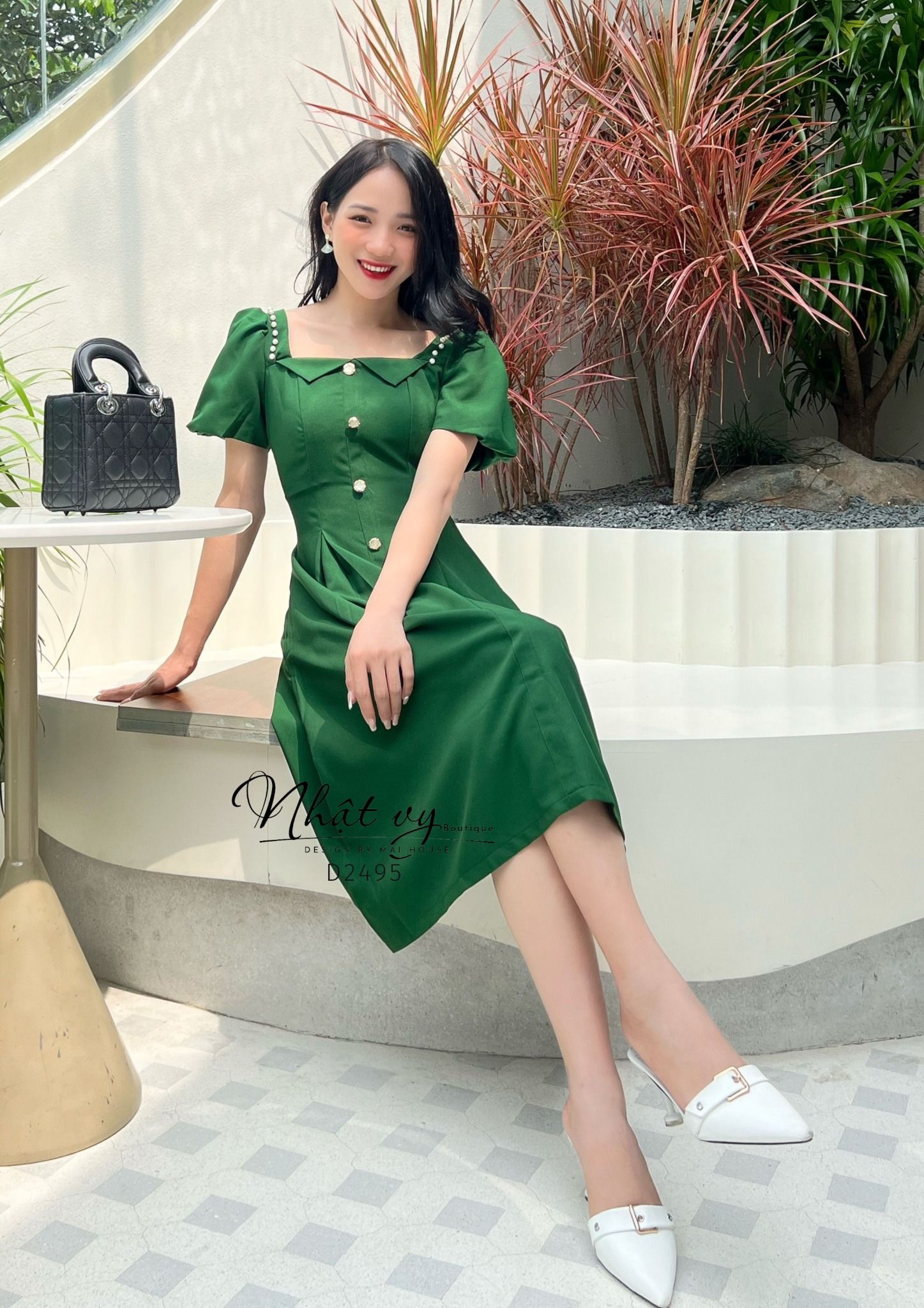 Đầm xoè cổ vuông cách diệu phối bèo đính ngọc - D2495