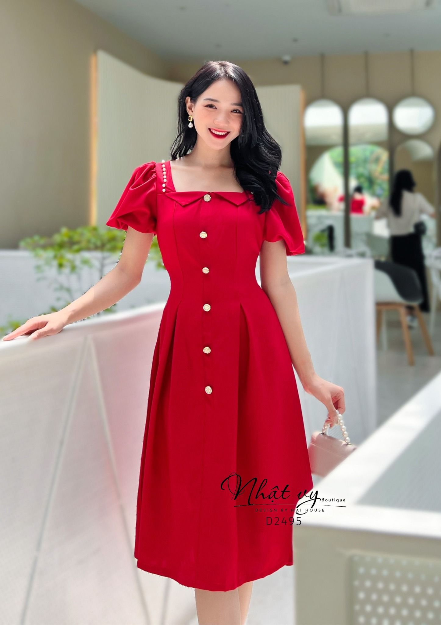 Đầm xoè cổ vuông cách diệu phối bèo đính ngọc - D2495