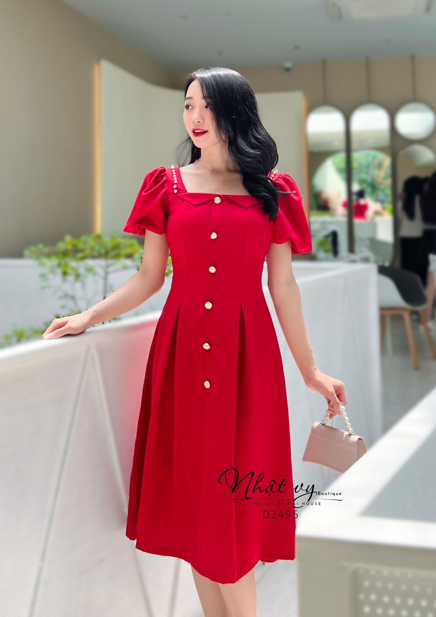Đầm xoè cổ vuông cách diệu phối bèo đính ngọc - D2495