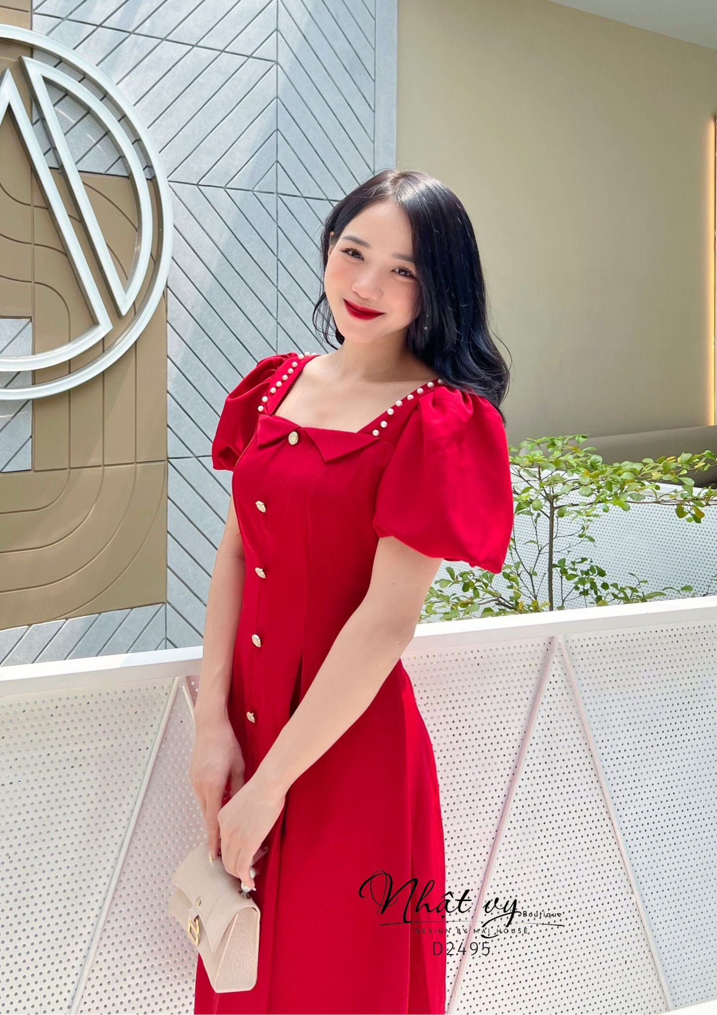 Đầm xoè cổ vuông cách diệu phối bèo đính ngọc - D2495