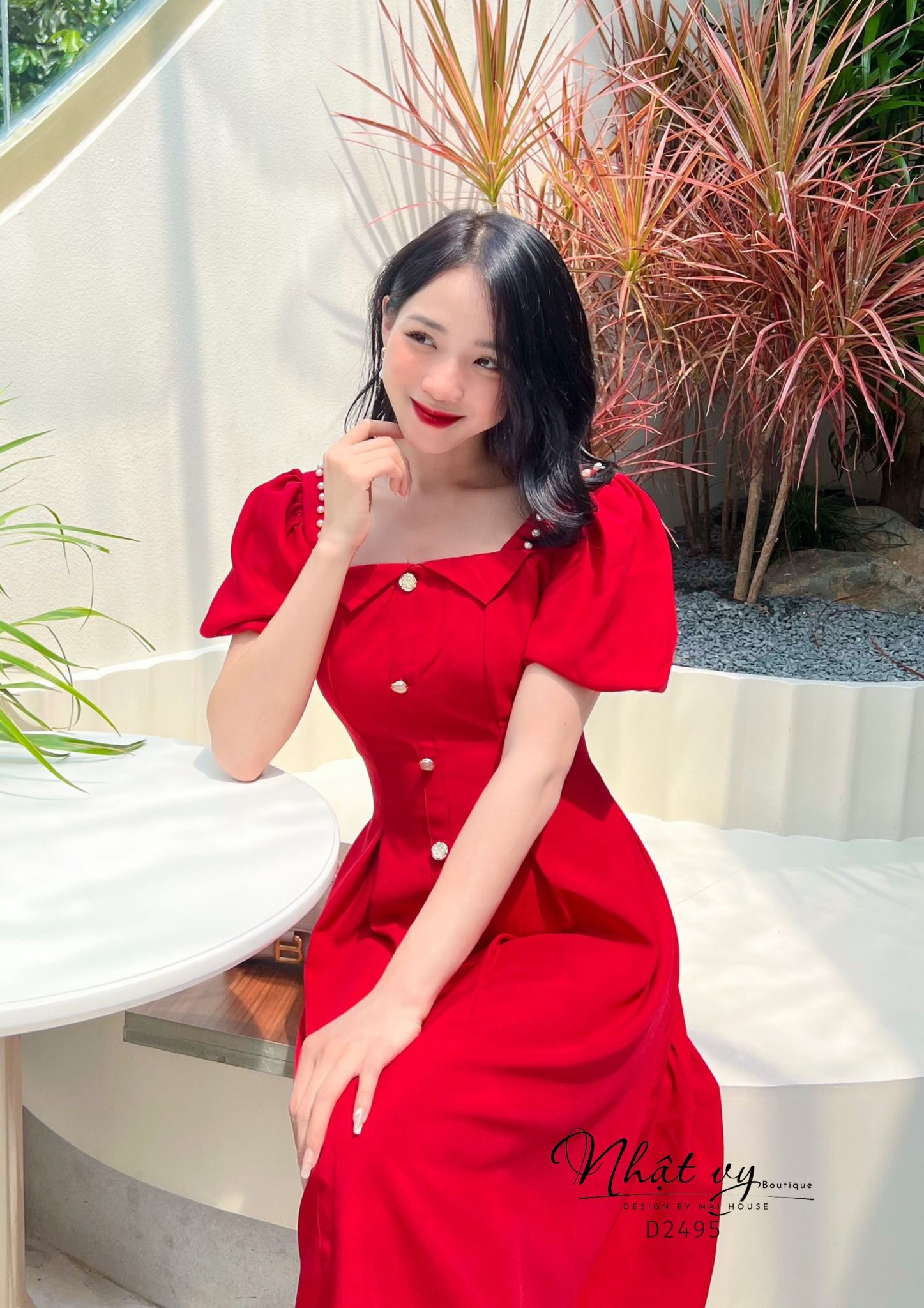 Đầm xoè cổ vuông cách diệu phối bèo đính ngọc - D2495
