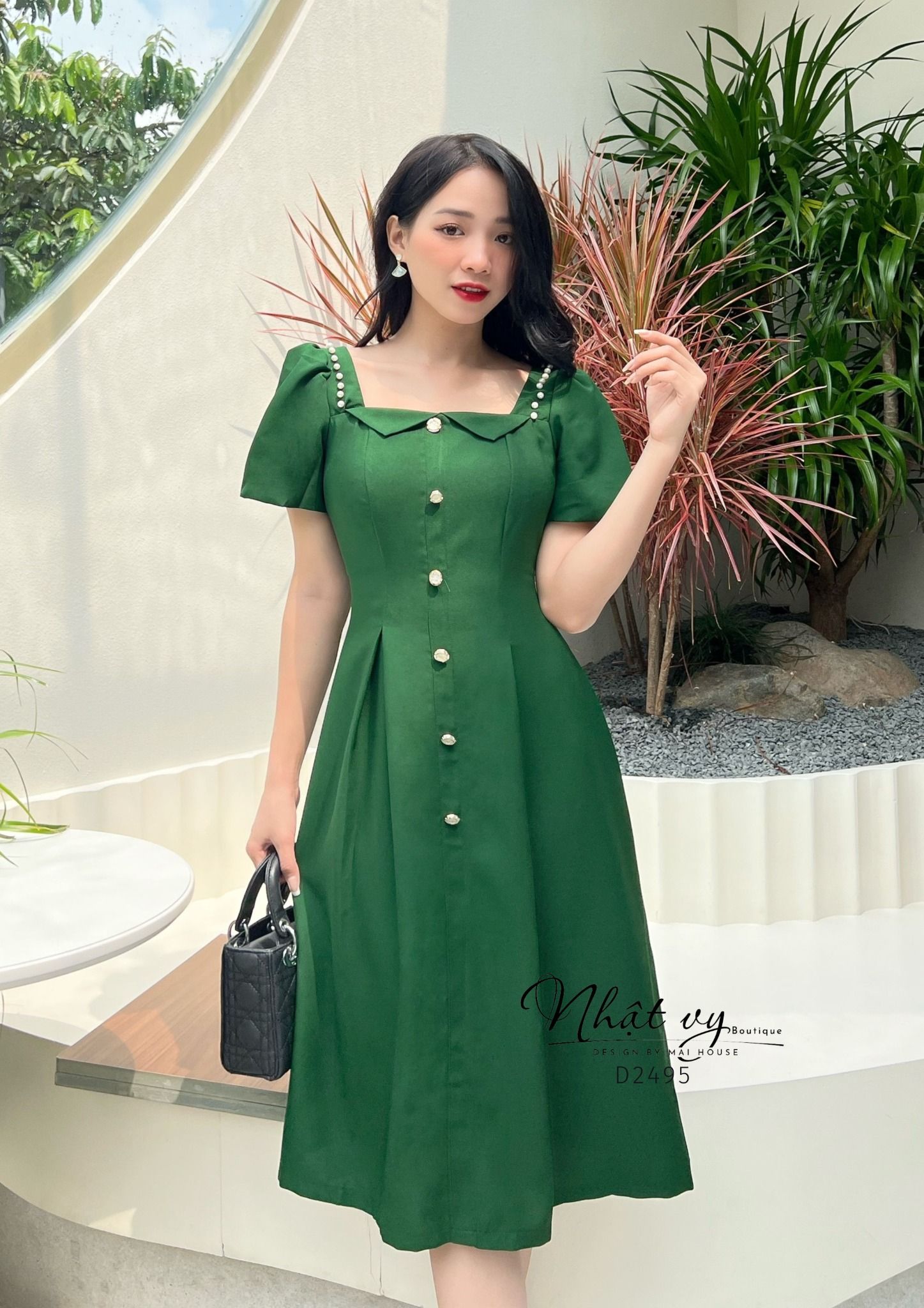 Đầm xoè cổ vuông cách diệu phối bèo đính ngọc - D2495