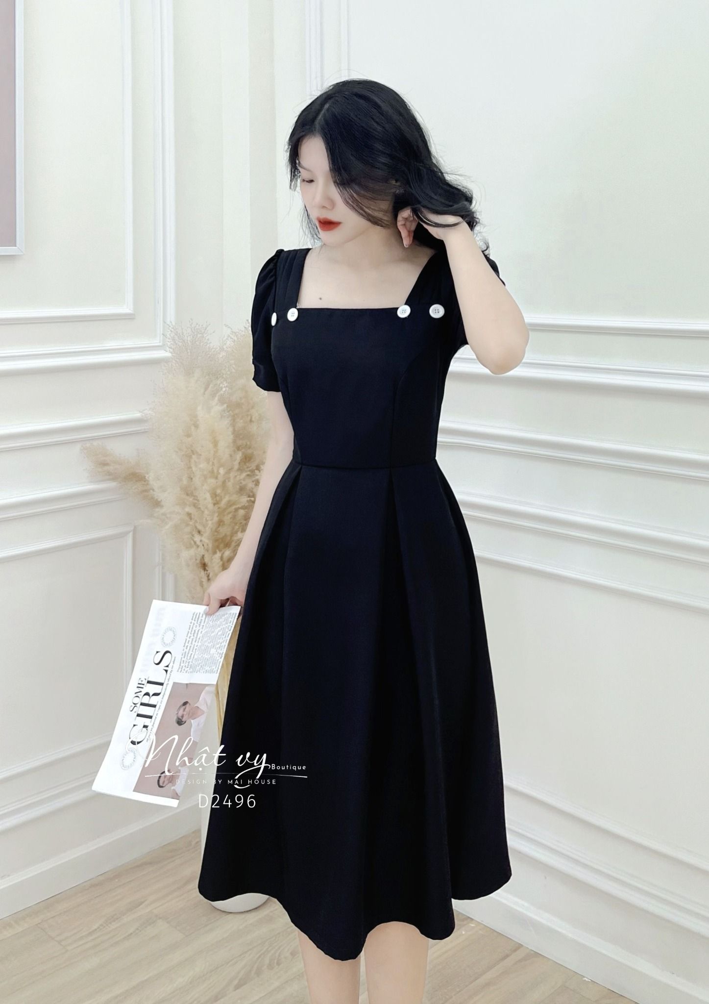 Đầm cổ vuông đính nút giả dáng xoè xếp ly - D2496