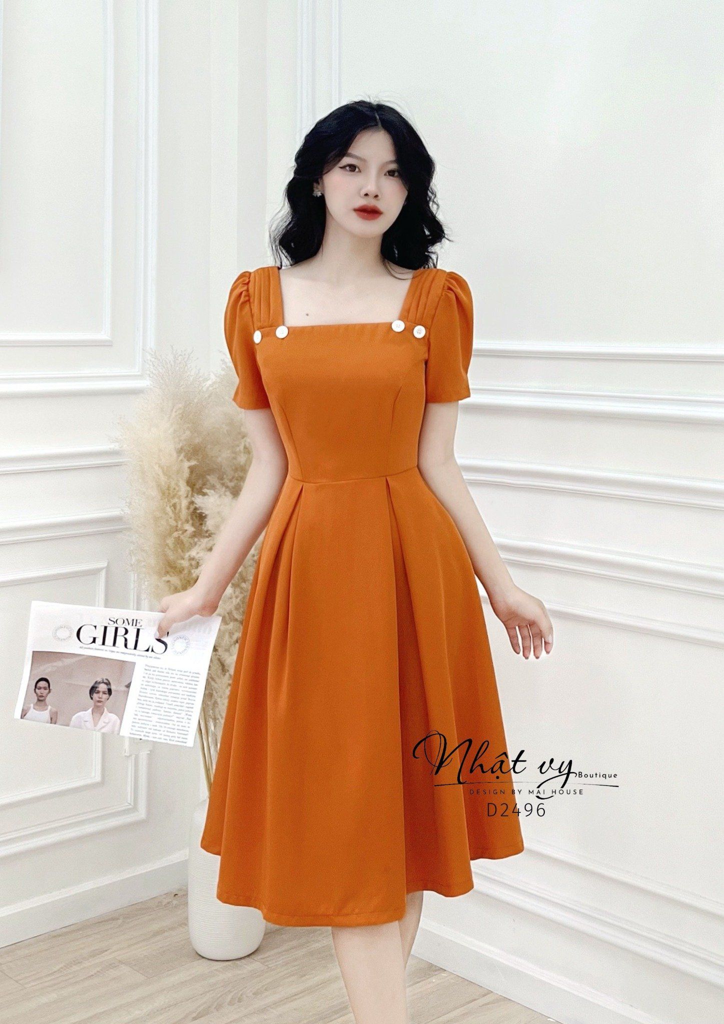 Đầm cổ vuông đính nút giả dáng xoè xếp ly - D2496