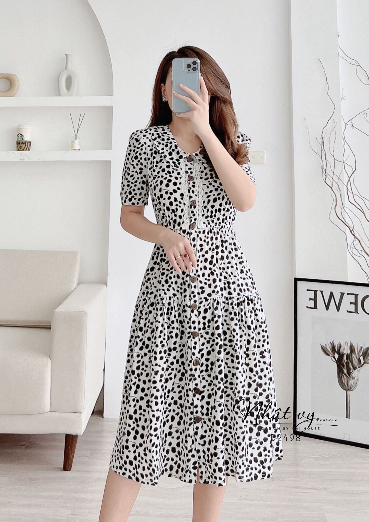 Đầm beo bo thun eo cúc thật phối ren - D2498