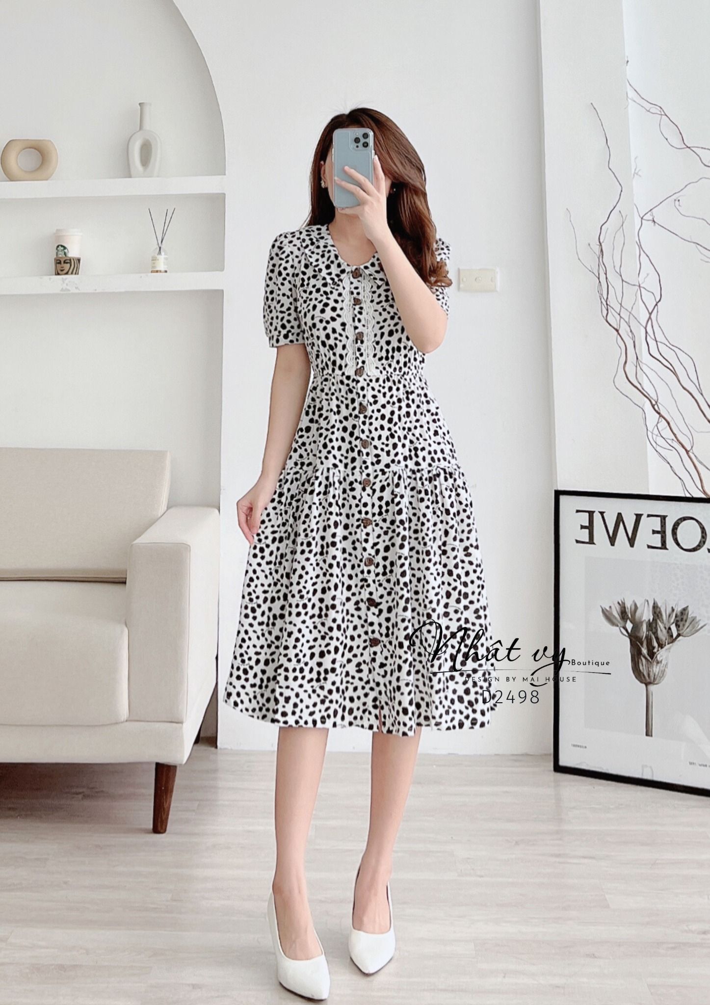 Đầm beo bo thun eo cúc thật phối ren - D2498