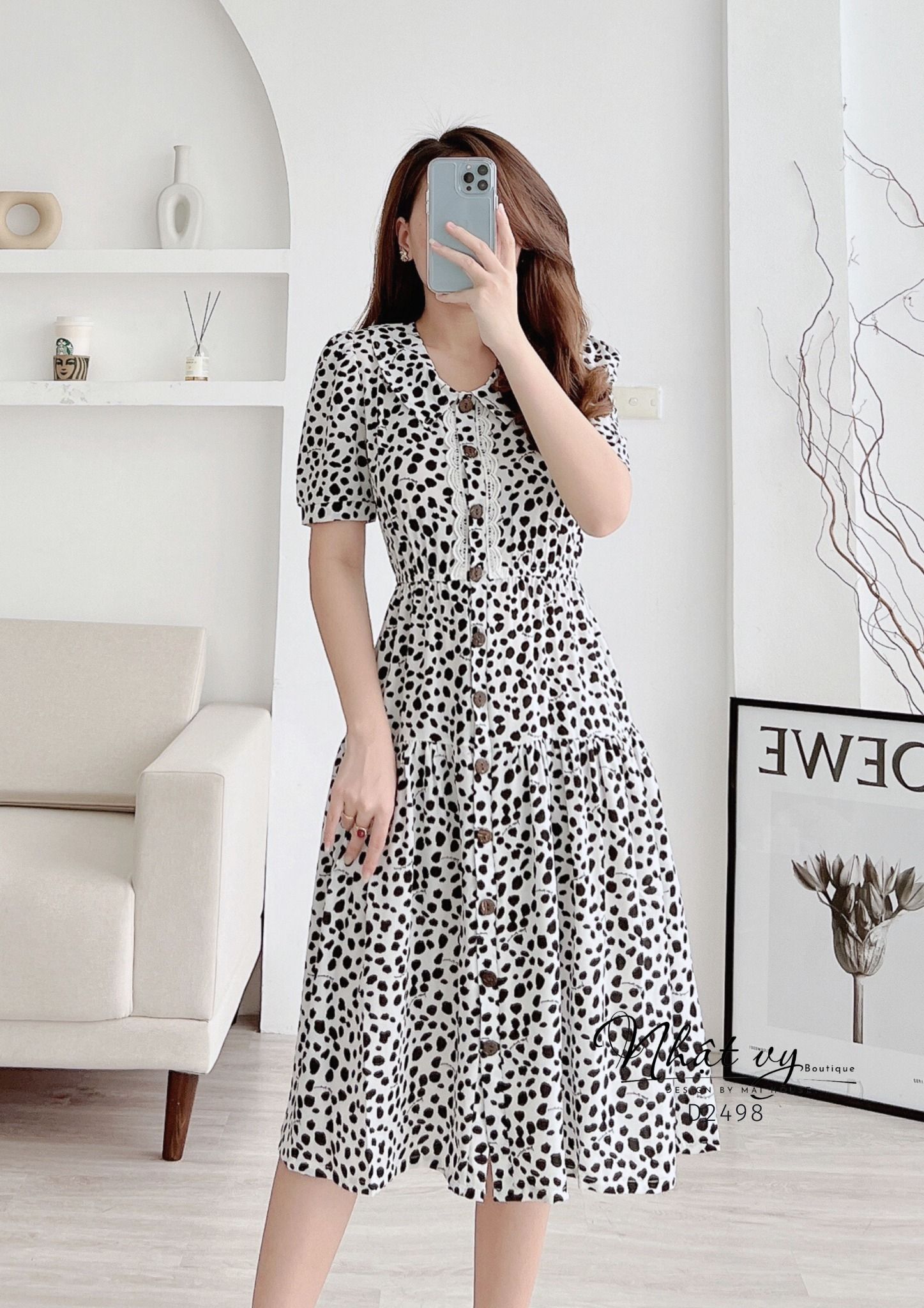 Đầm beo bo thun eo cúc thật phối ren - D2498