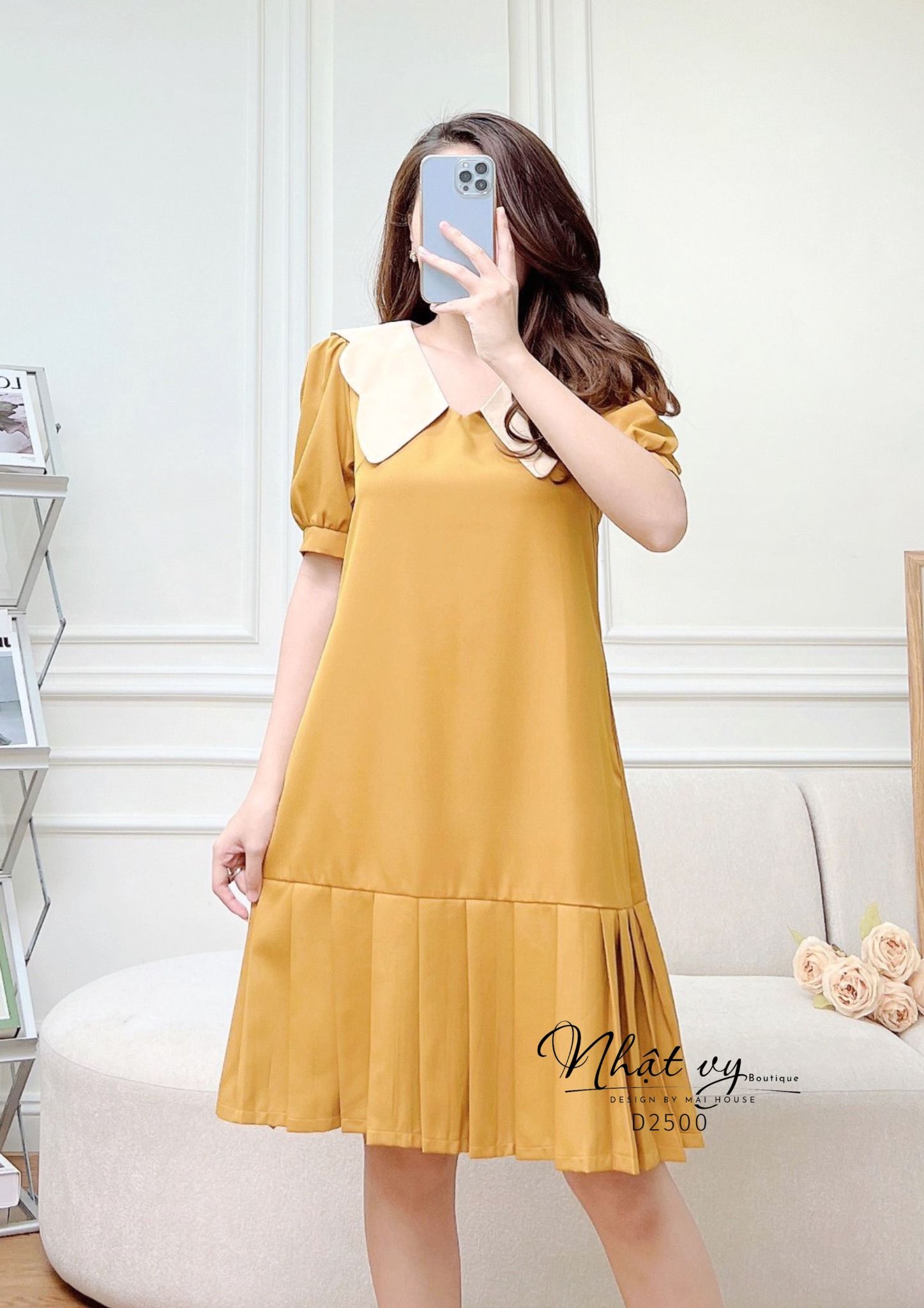 Đầm suông phối cổ bèo xếp ly gấu - D2500
