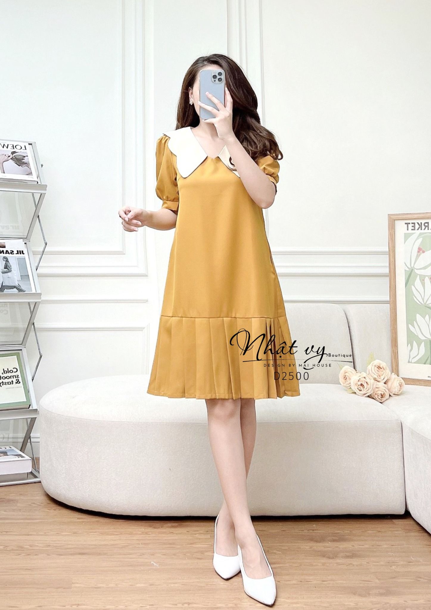 Đầm suông phối cổ bèo xếp ly gấu - D2500