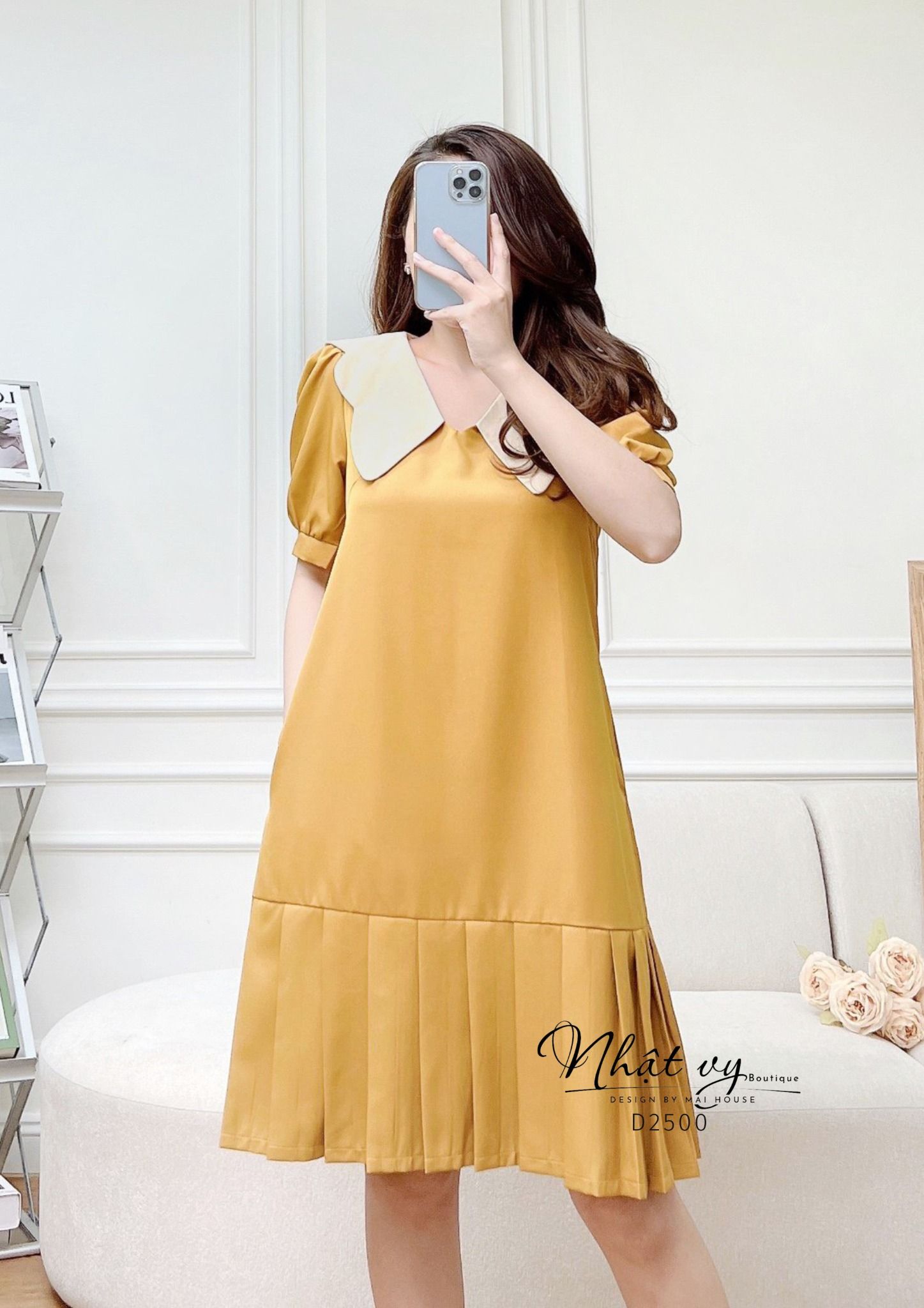 Đầm suông phối cổ bèo xếp ly gấu - D2500
