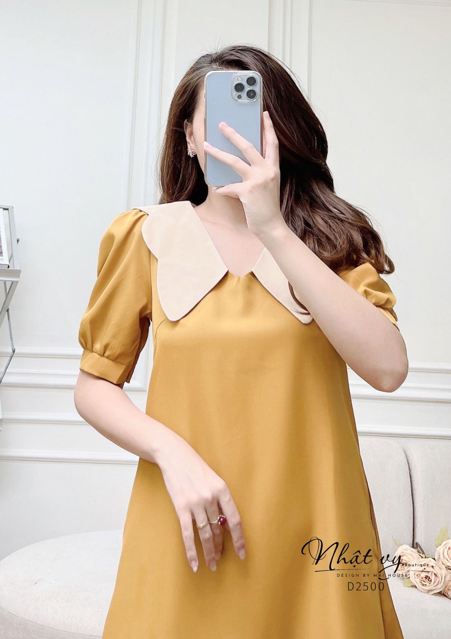 Đầm suông phối cổ bèo xếp ly gấu - D2500