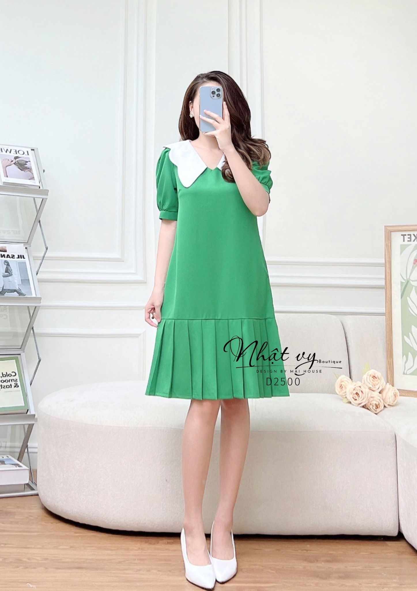 Đầm suông phối cổ bèo xếp ly gấu - D2500