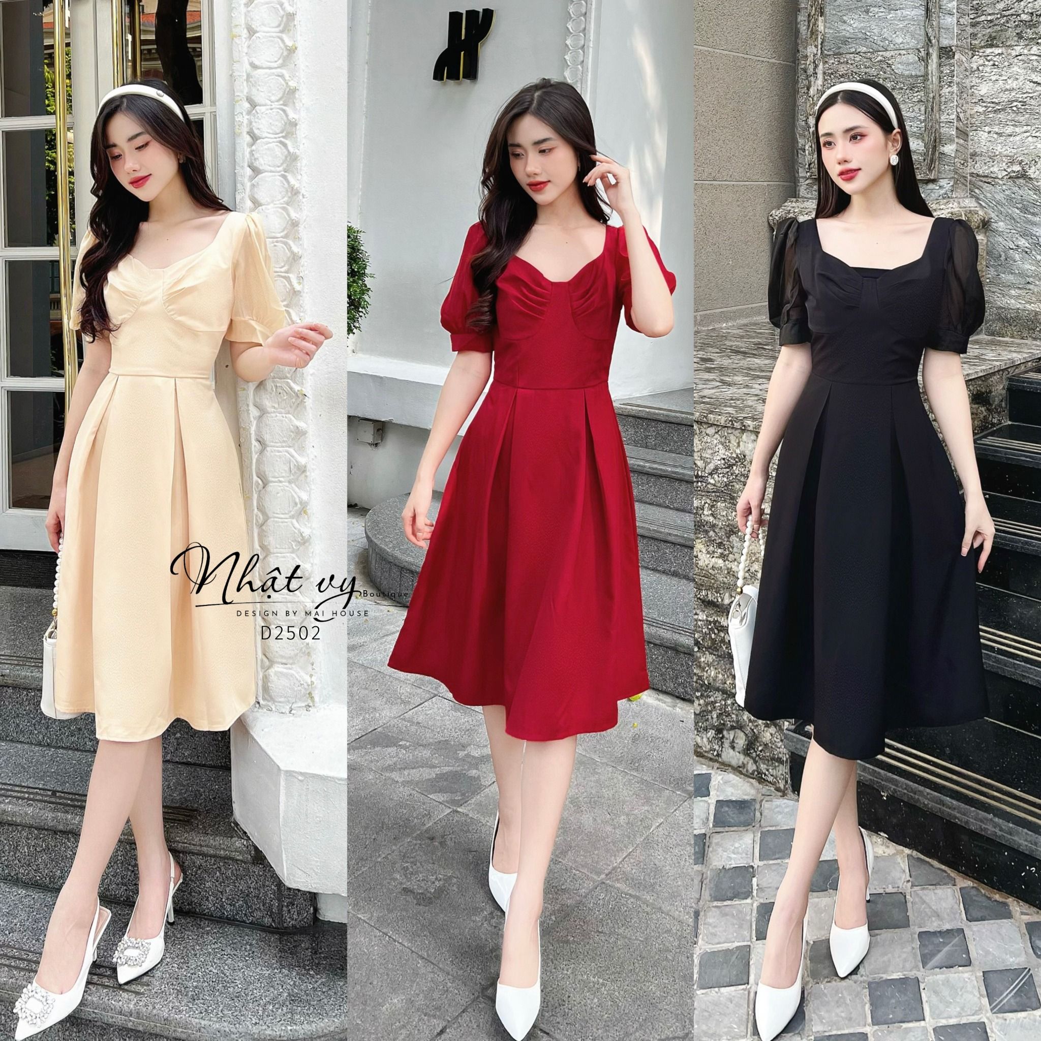 Đầm đi tiệc tay phồng cổ cách điệu - D2502