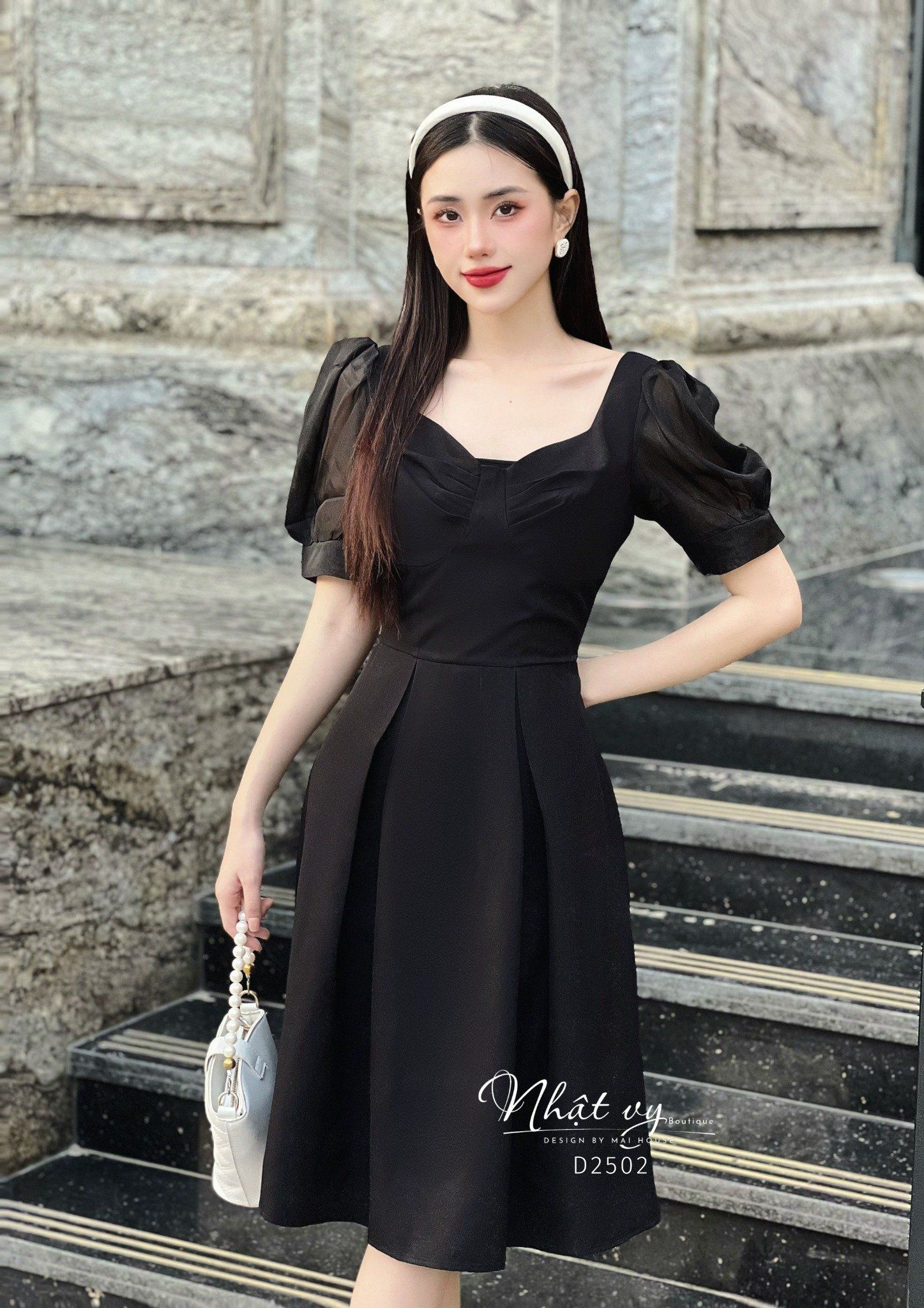 Đầm đi tiệc tay phồng cổ cách điệu - D2502