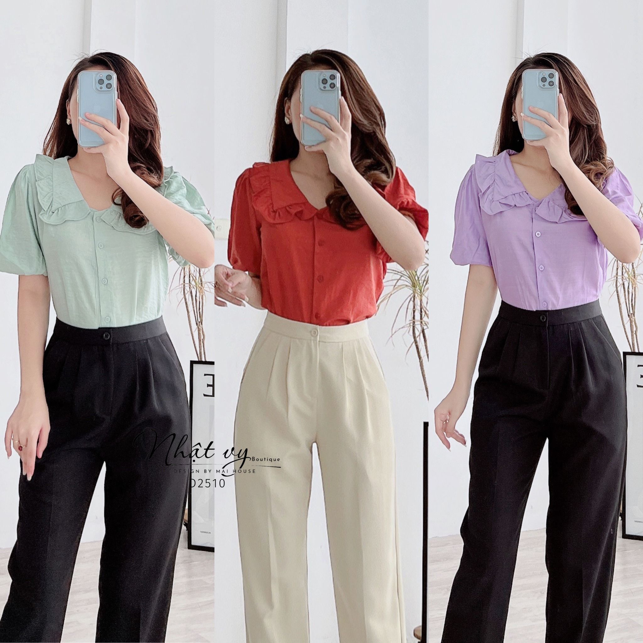 Áo sơ mi tay bí cổ phối viền bèo - D2510