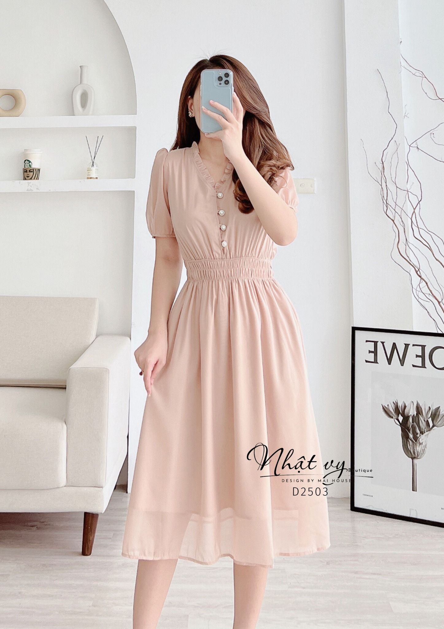 Đầm cổ tim viền bèo eo bo chun - D2503