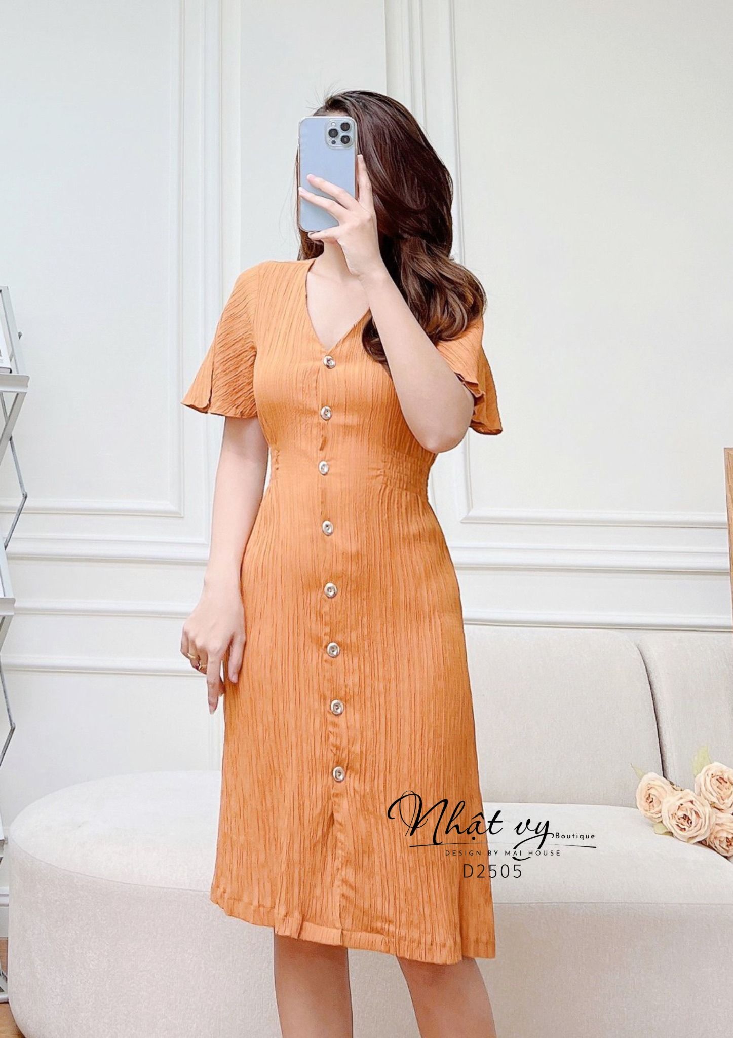 Đầm cổ tim tay cánh tiên cài cúc kèm dây eo - D2505