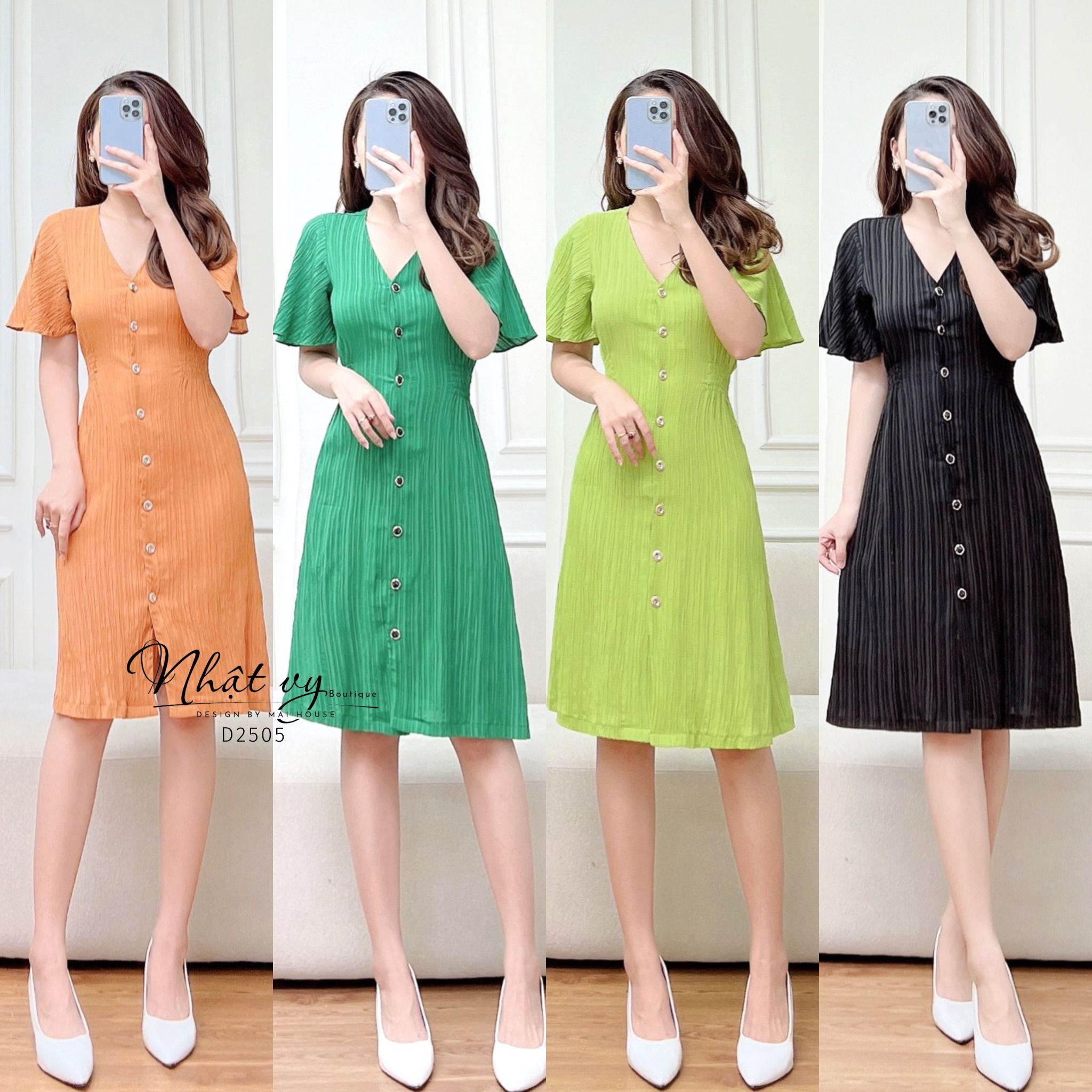 Đầm cổ tim tay cánh tiên cài cúc kèm dây eo - D2505