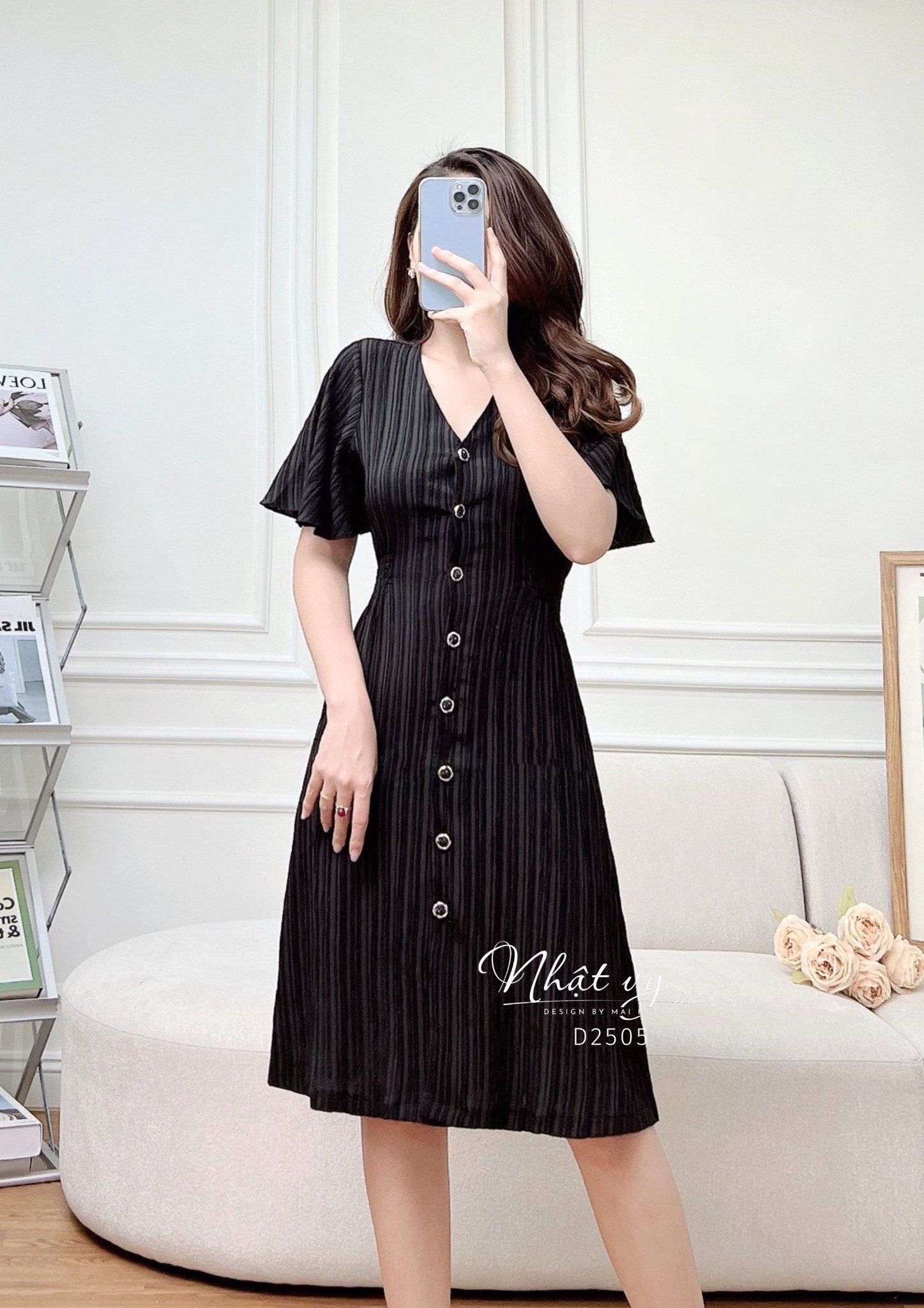 Đầm cổ tim tay cánh tiên cài cúc kèm dây eo - D2505