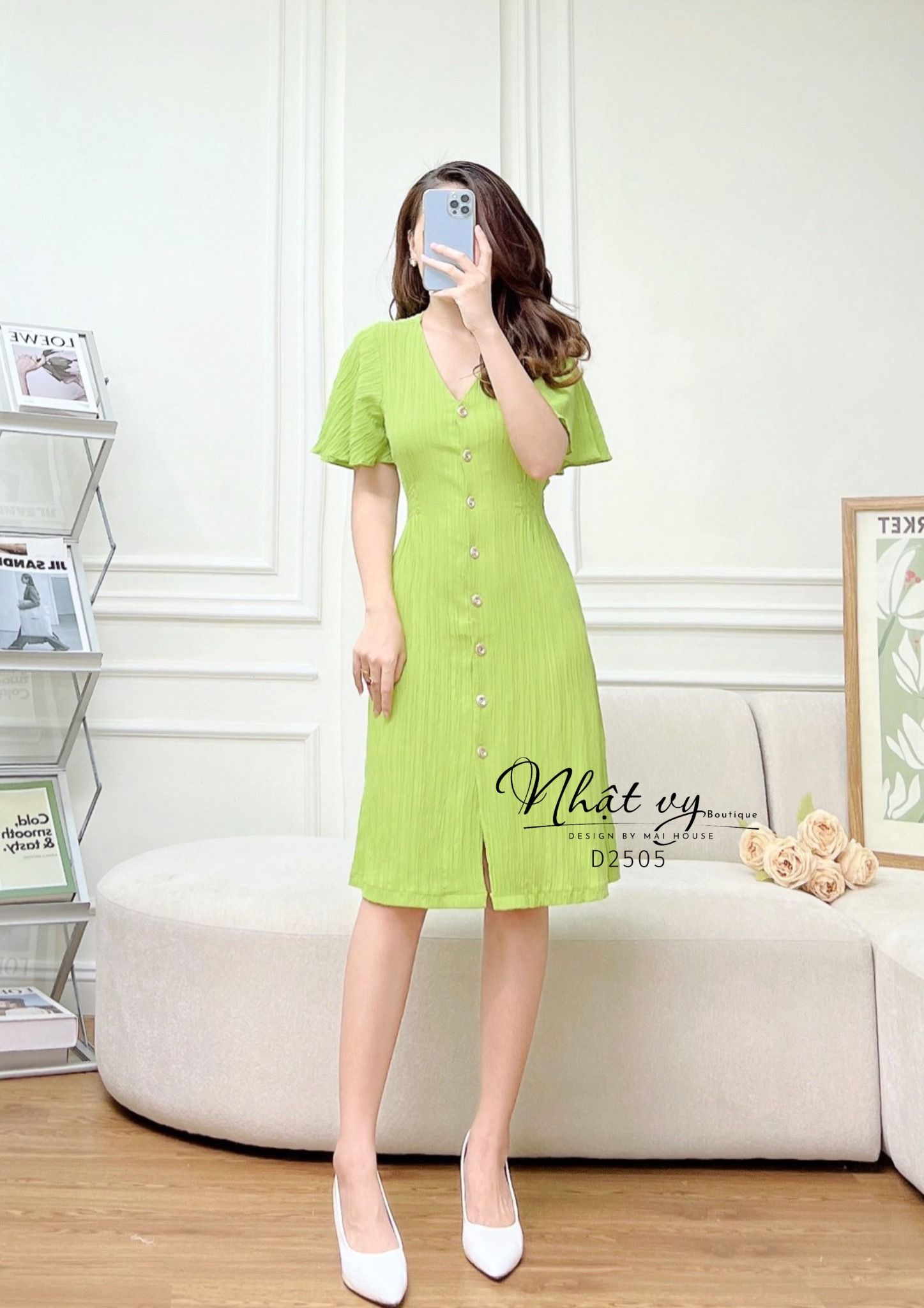 Đầm cổ tim tay cánh tiên cài cúc kèm dây eo - D2505