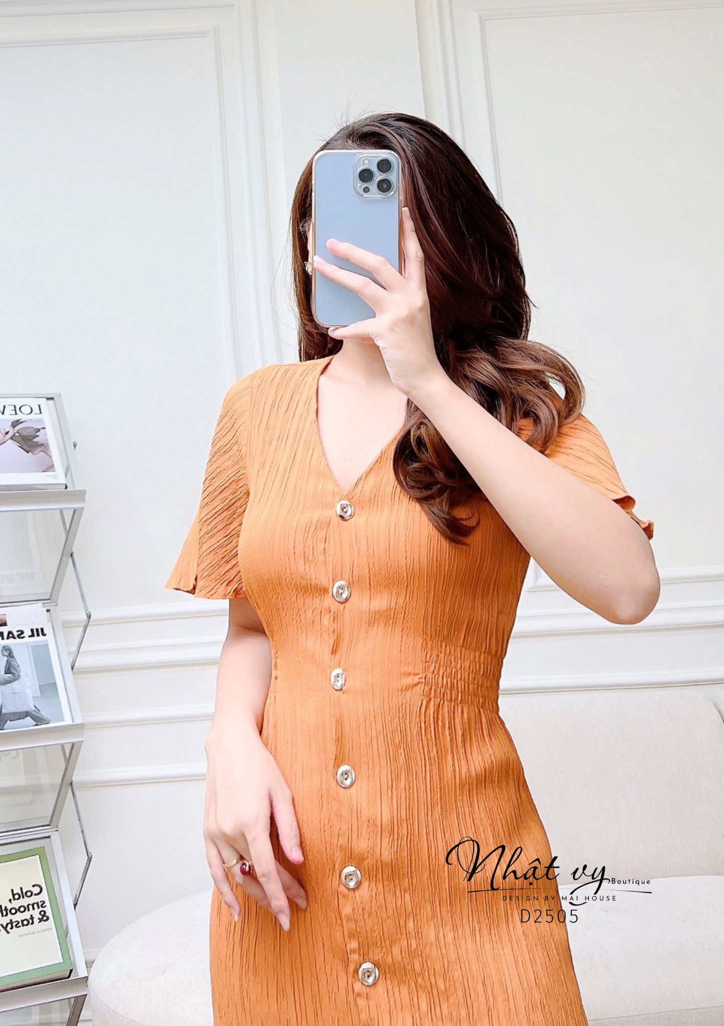 Đầm cổ tim tay cánh tiên cài cúc kèm dây eo - D2505