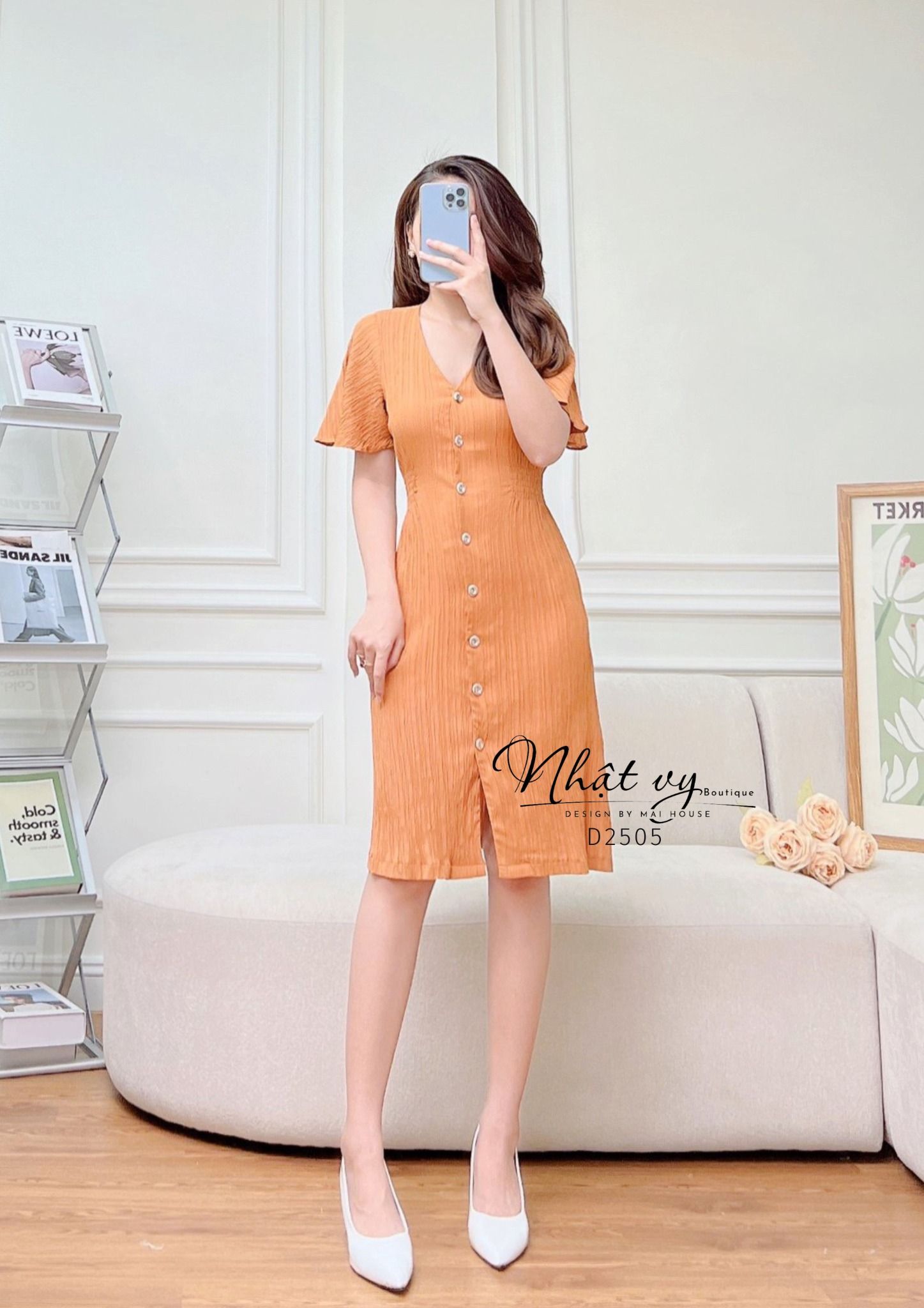 Đầm cổ tim tay cánh tiên cài cúc kèm dây eo - D2505