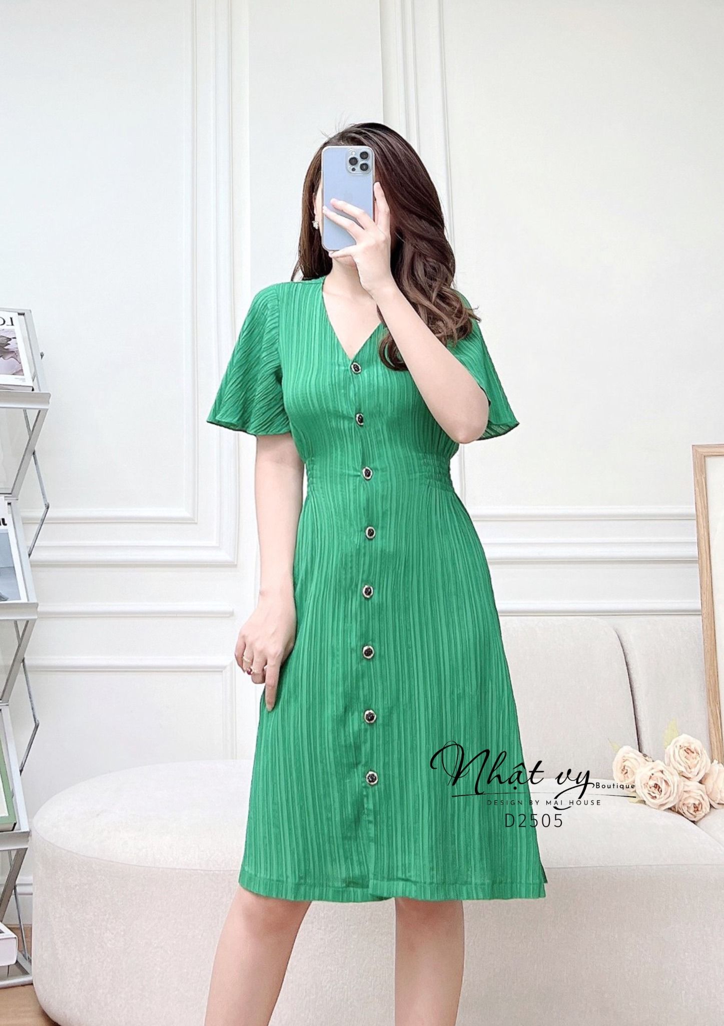 Đầm cổ tim tay cánh tiên cài cúc kèm dây eo - D2505