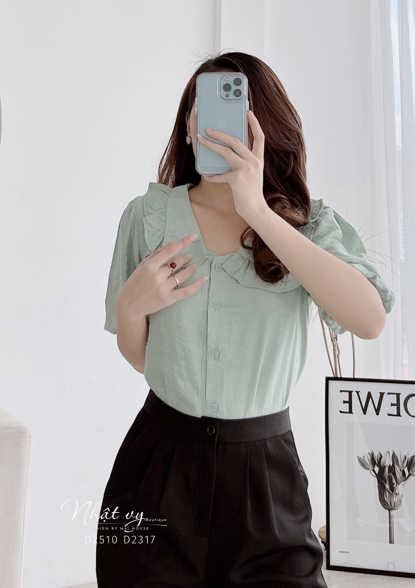Áo sơ mi tay bí cổ phối viền bèo - D2510