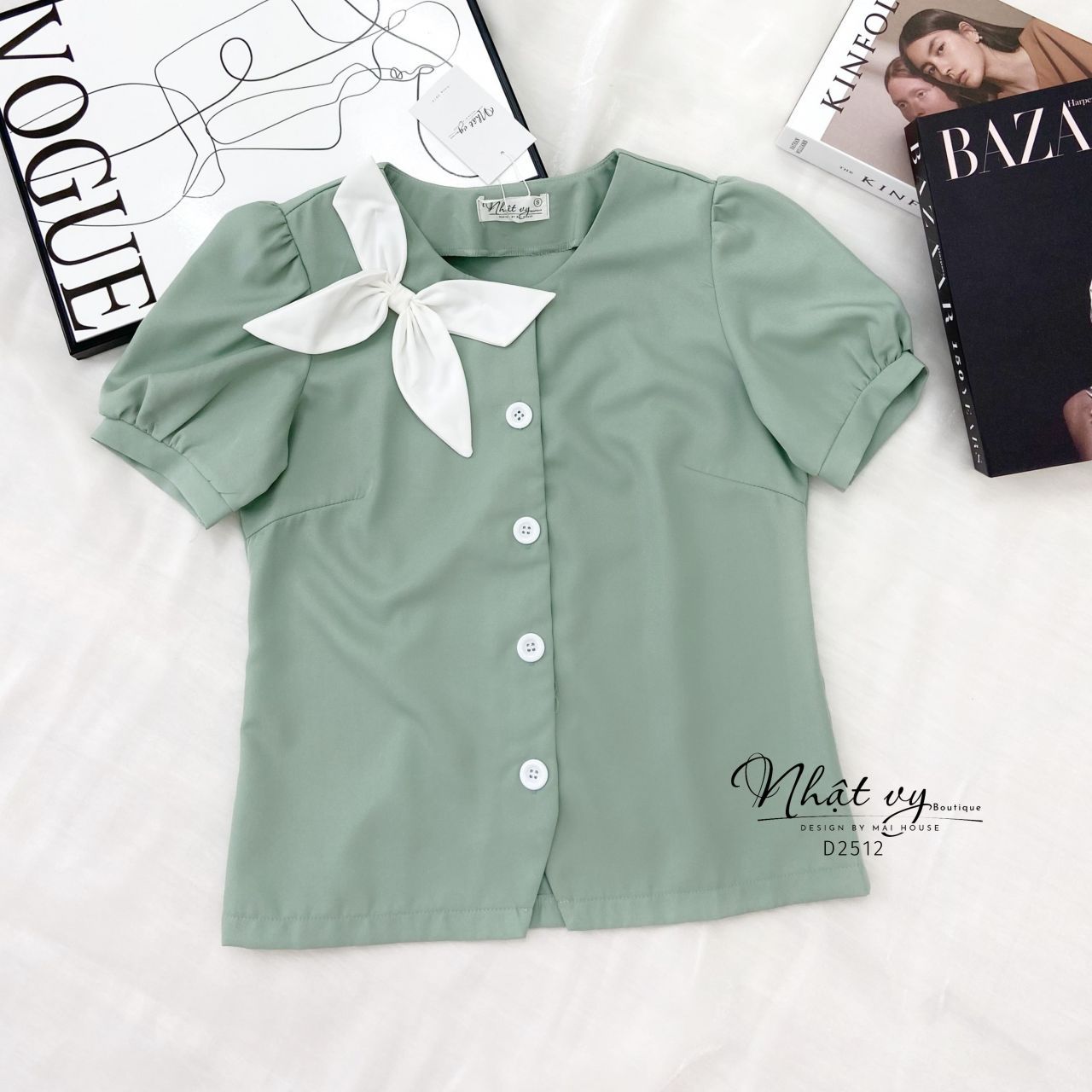 Áo dáng ôm cổ tròn cài nút phối nơ -D2512