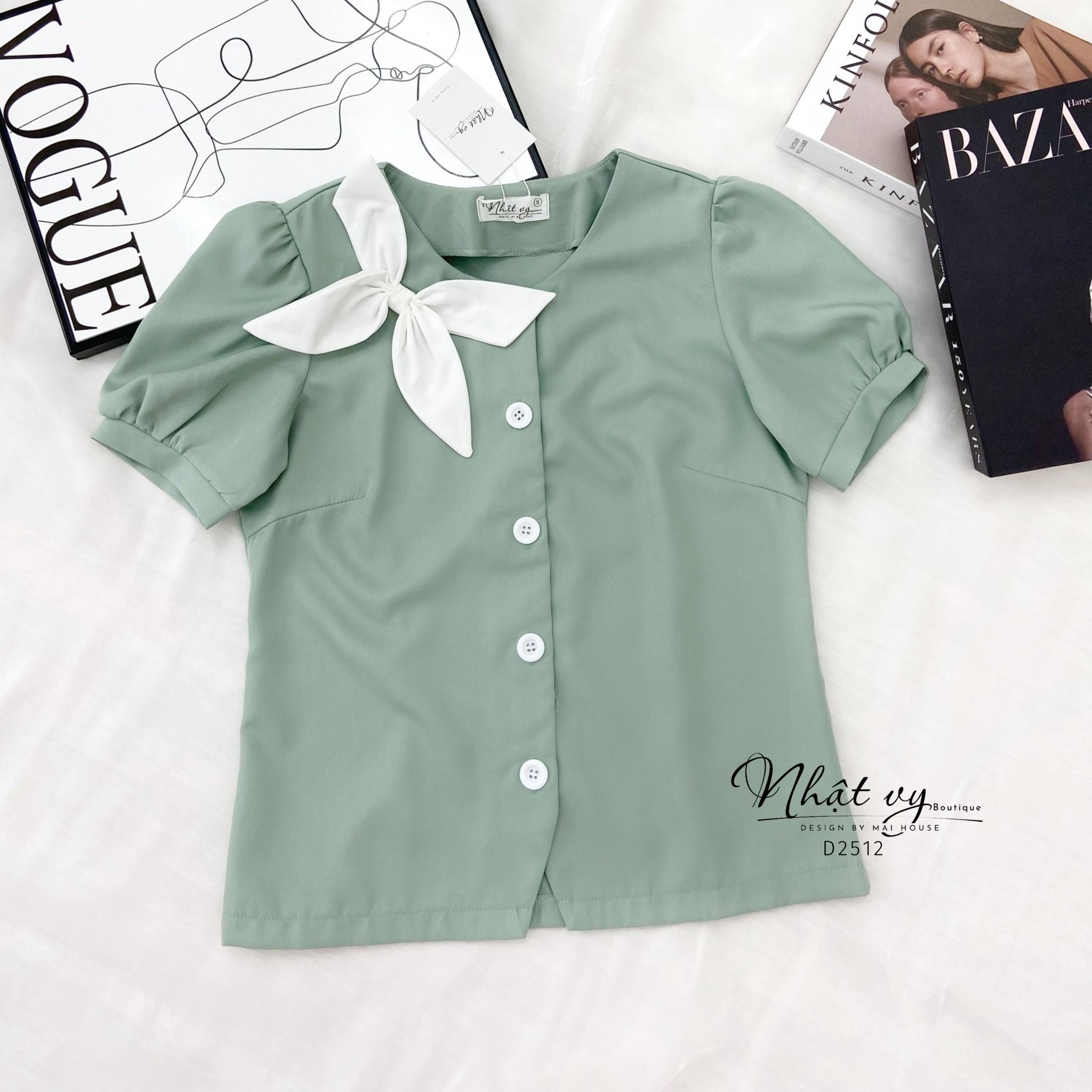 Áo dáng ôm cổ tròn cài nút phối nơ -D2512