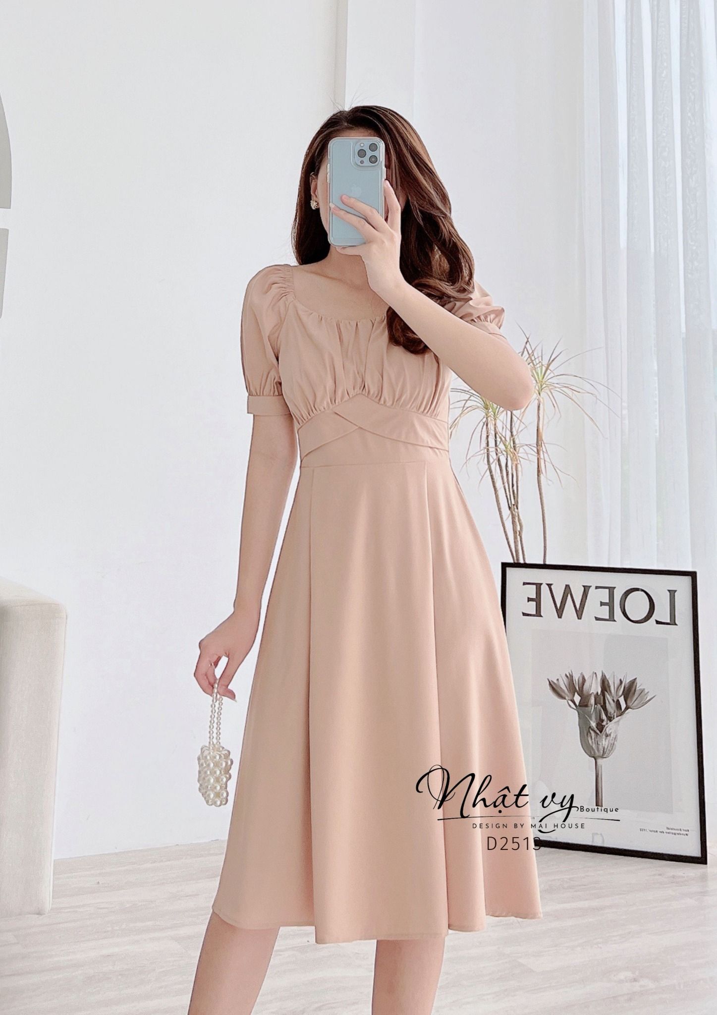 Đầm cổ vuông tay phồng nhún ngực dáng xoè - D2513