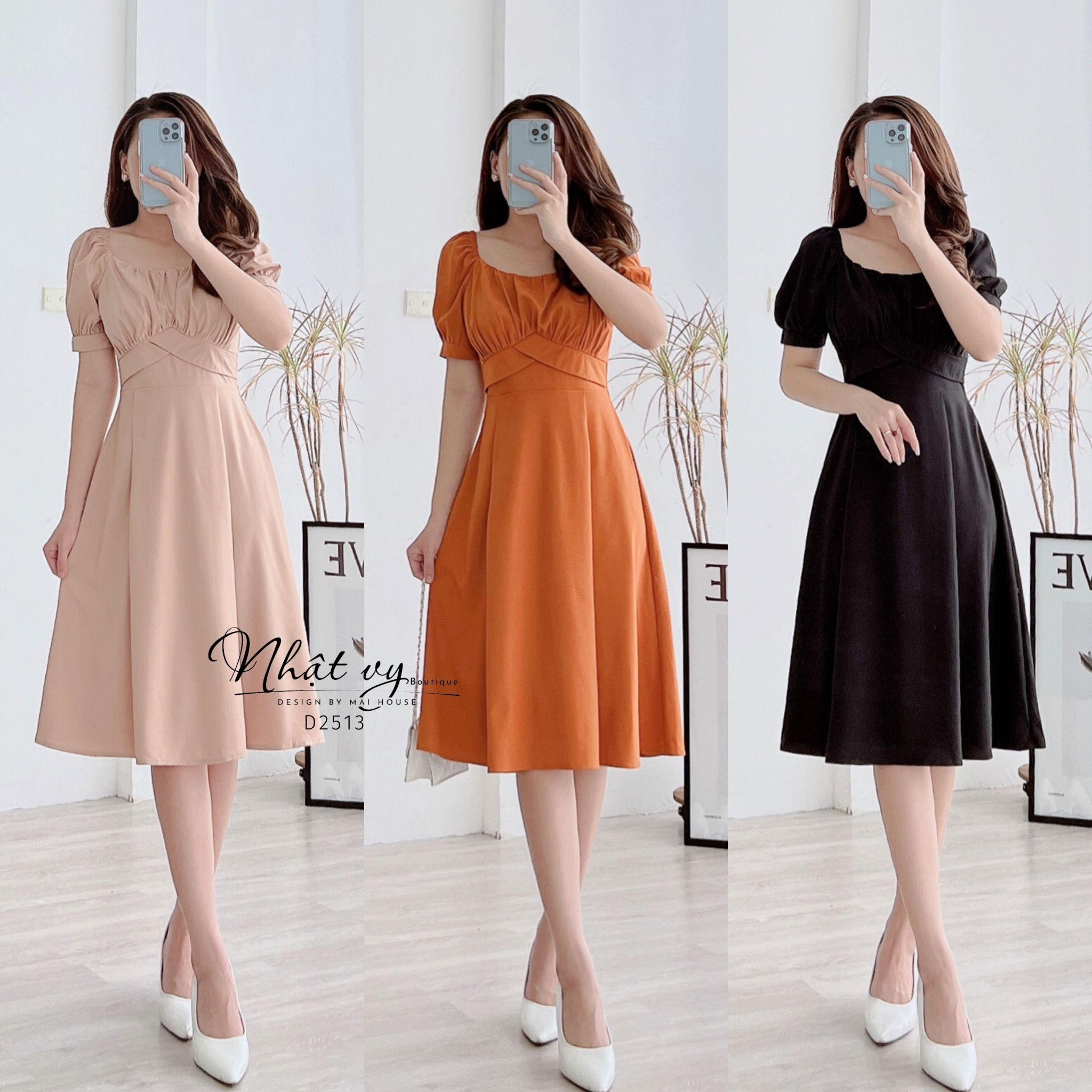 Đầm cổ vuông tay phồng nhún ngực dáng xoè - D2513