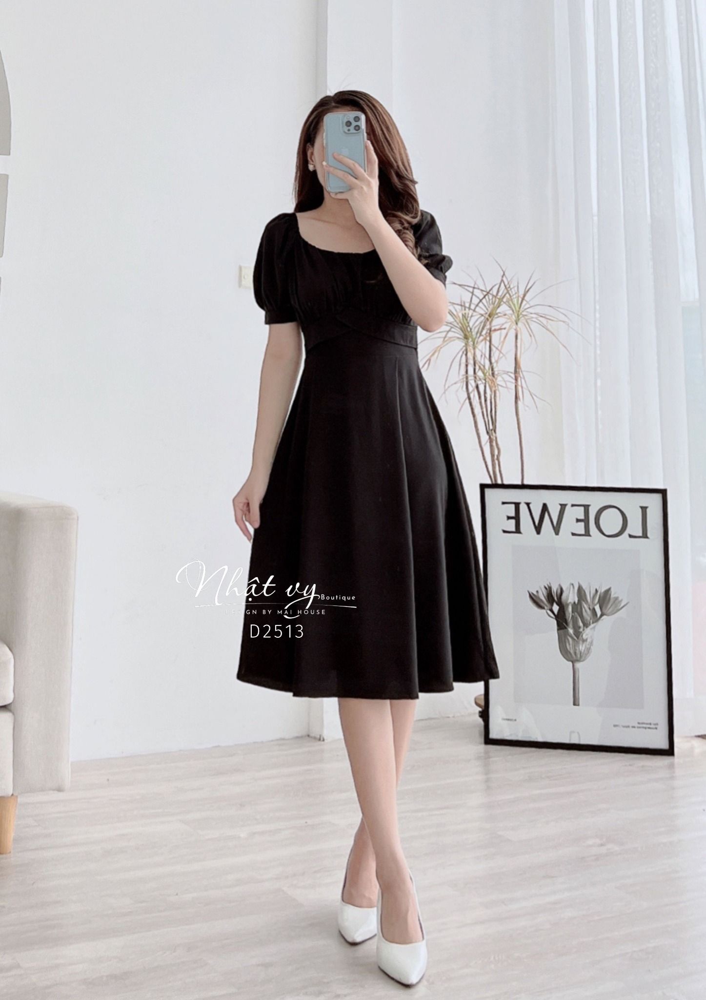 Đầm cổ vuông tay phồng nhún ngực dáng xoè - D2513