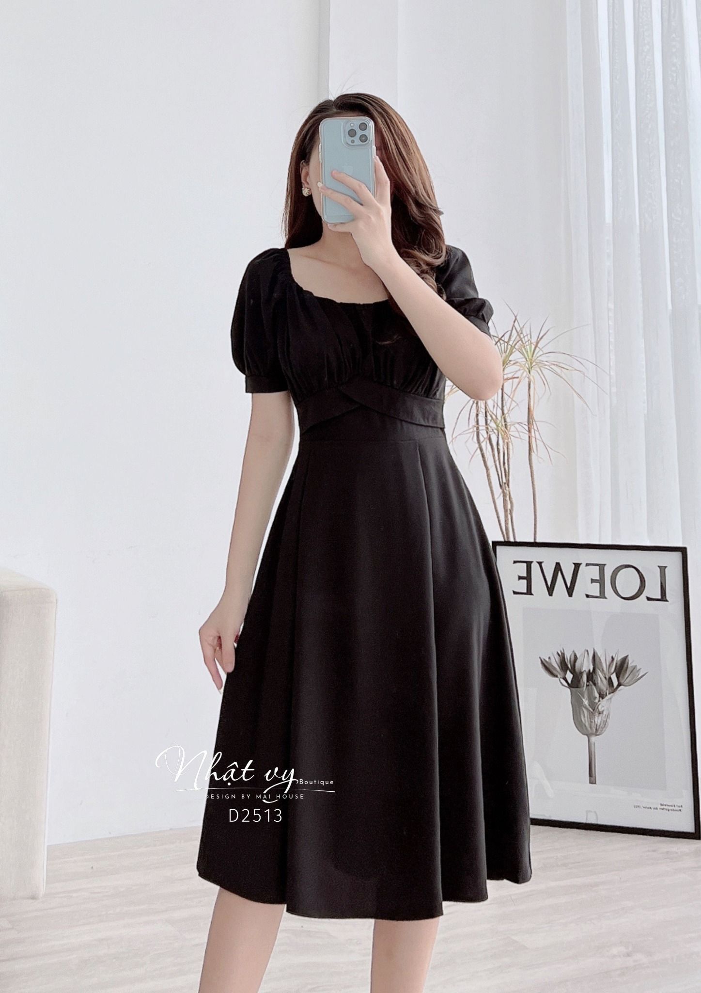 Đầm cổ vuông tay phồng nhún ngực dáng xoè - D2513